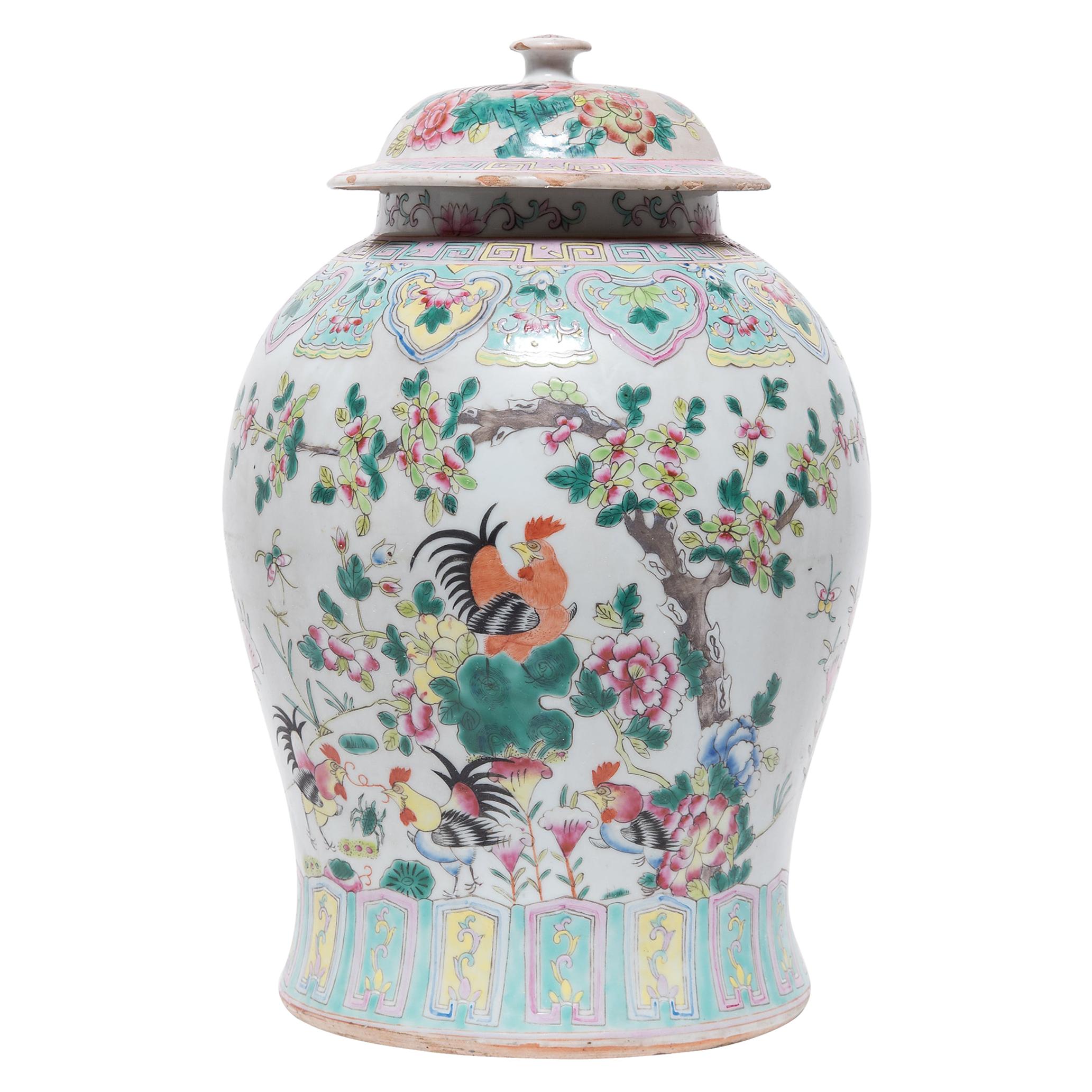 Chinese Famille Rose Rooster Baluster Jar, c. 1900