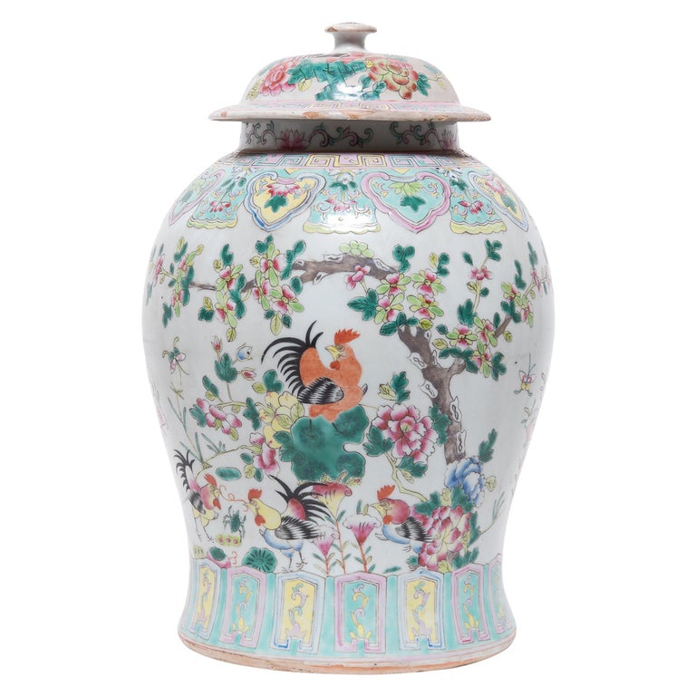Chinese Famille Rose Rooster Baluster Jar, c. 1900 For Sale