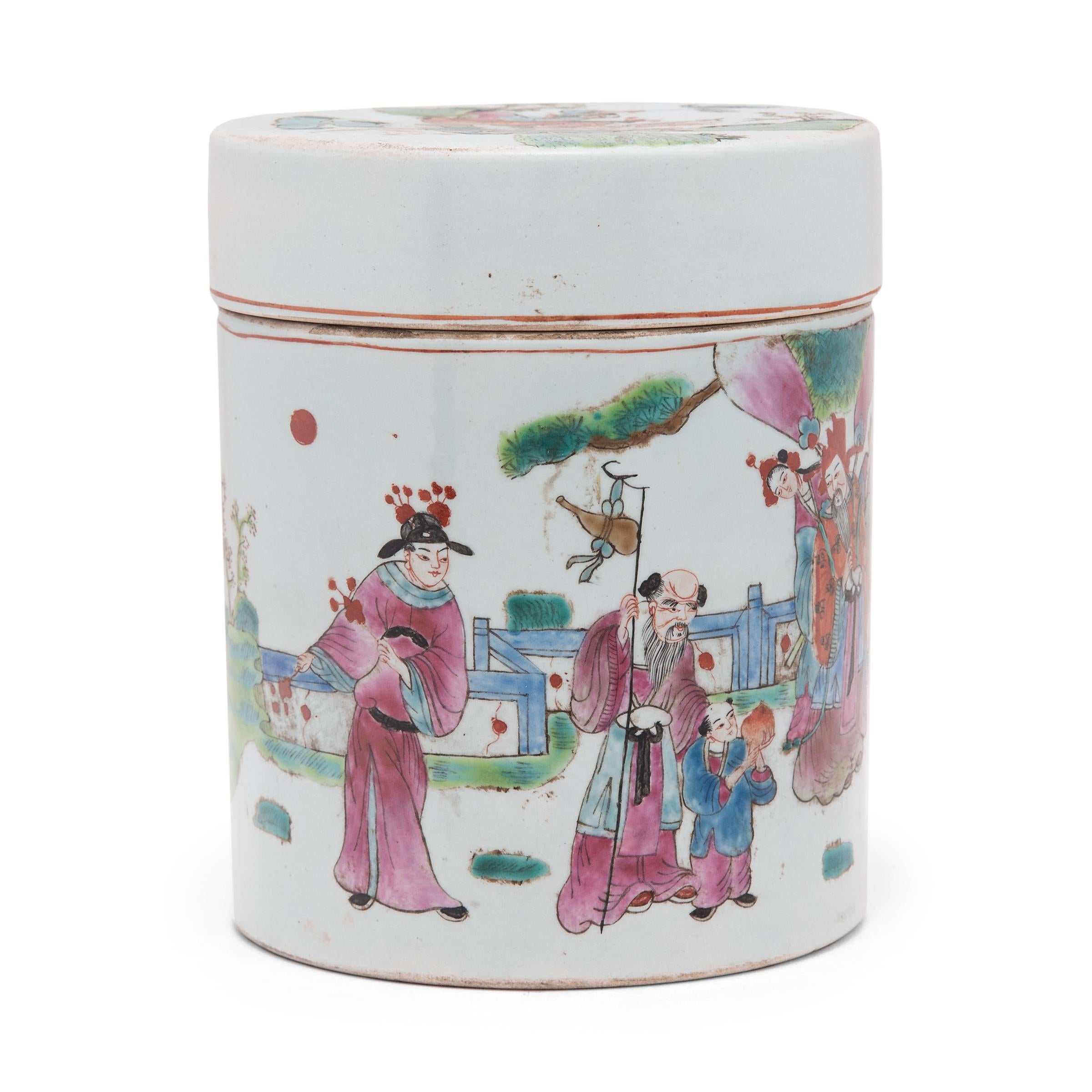 This porcelain jar is decorated in a style of overglaze enameling known as 