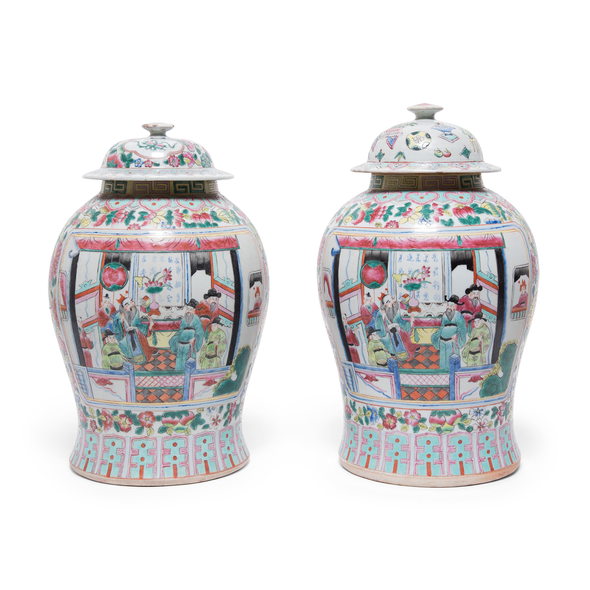 Chinese Famille Rose Scholarly Gathering Baluster Jar, c. 1900 2