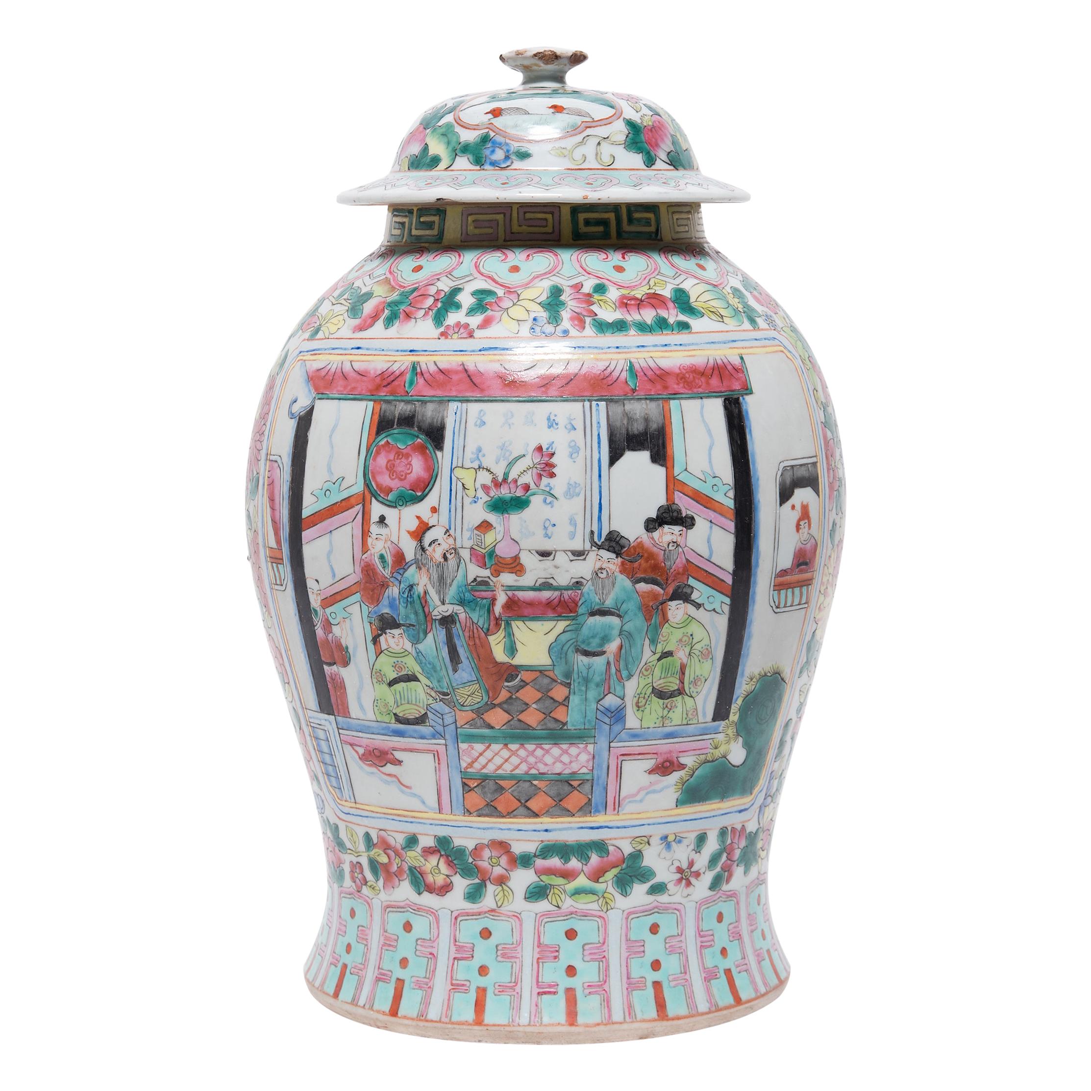 Chinese Famille Rose Scholarly Gathering Baluster Jar, c. 1900