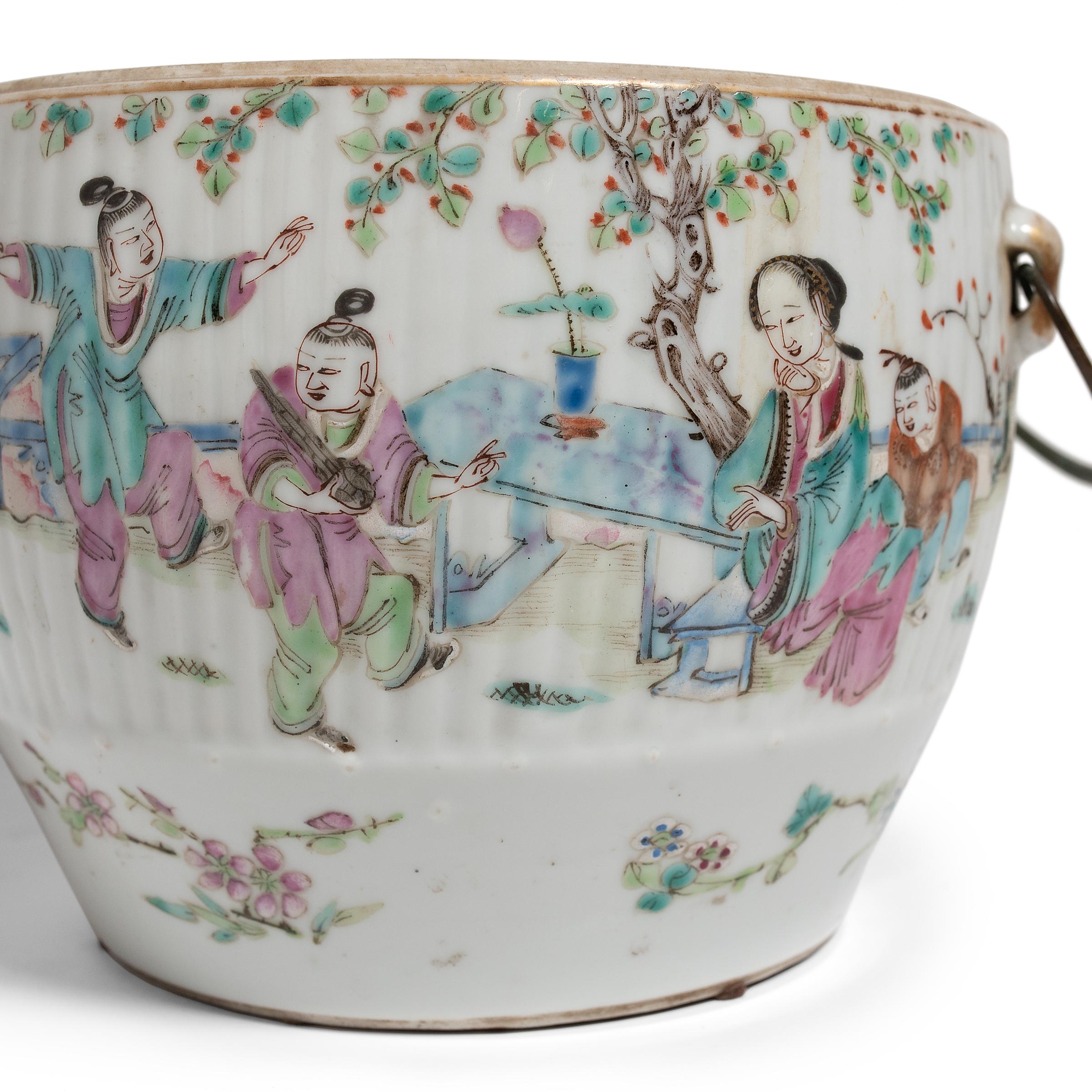 This late 19th century covered jar takes its rounded shape from serving tureens used to serve soups and stews. Contrasted by a crisp white field, the lid and sides are decorated with a lively scene of children at play in a courtyard garden.