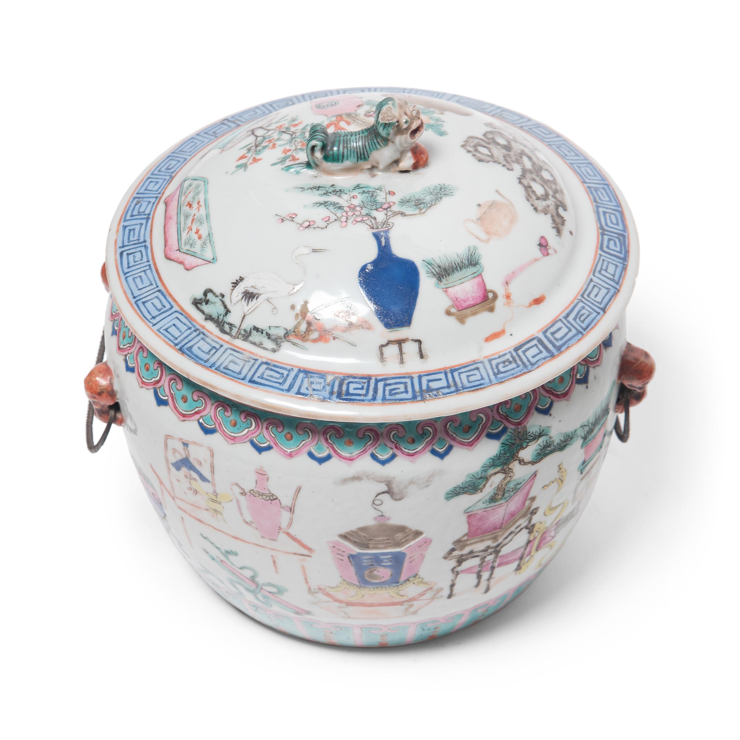 Enameled Chinese Famille Rose Soup Tureen with Scholars' Objects, c. 1900