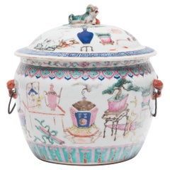 Used Chinese Famille Rose Soup Tureen with Scholars' Objects, c. 1900