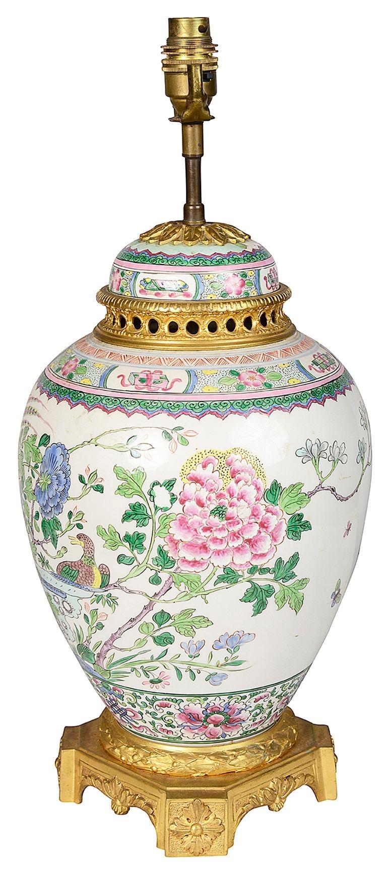 Porcelain Chinese Famille Rose vase / lamp, circa 1880 For Sale