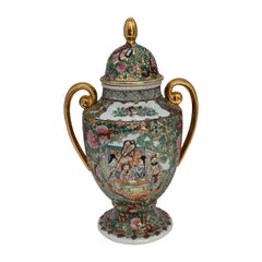 Antique Chinese Famille Rose Vases with Gilt Handles 19th Century Figurative Scenes