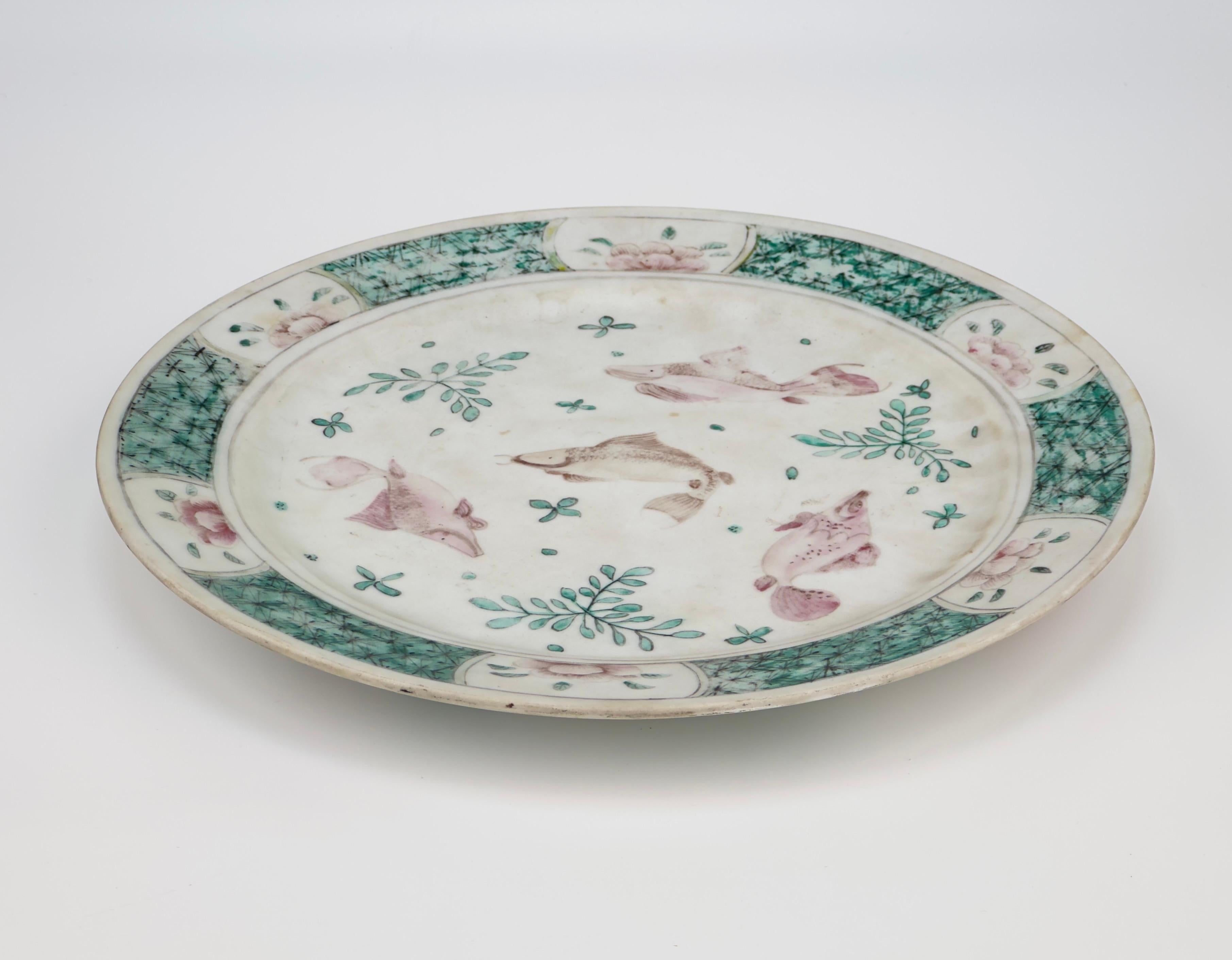 Glazed Chinese Famille Rose/Verte 'Fish' Dish, Qing Dynasty For Sale