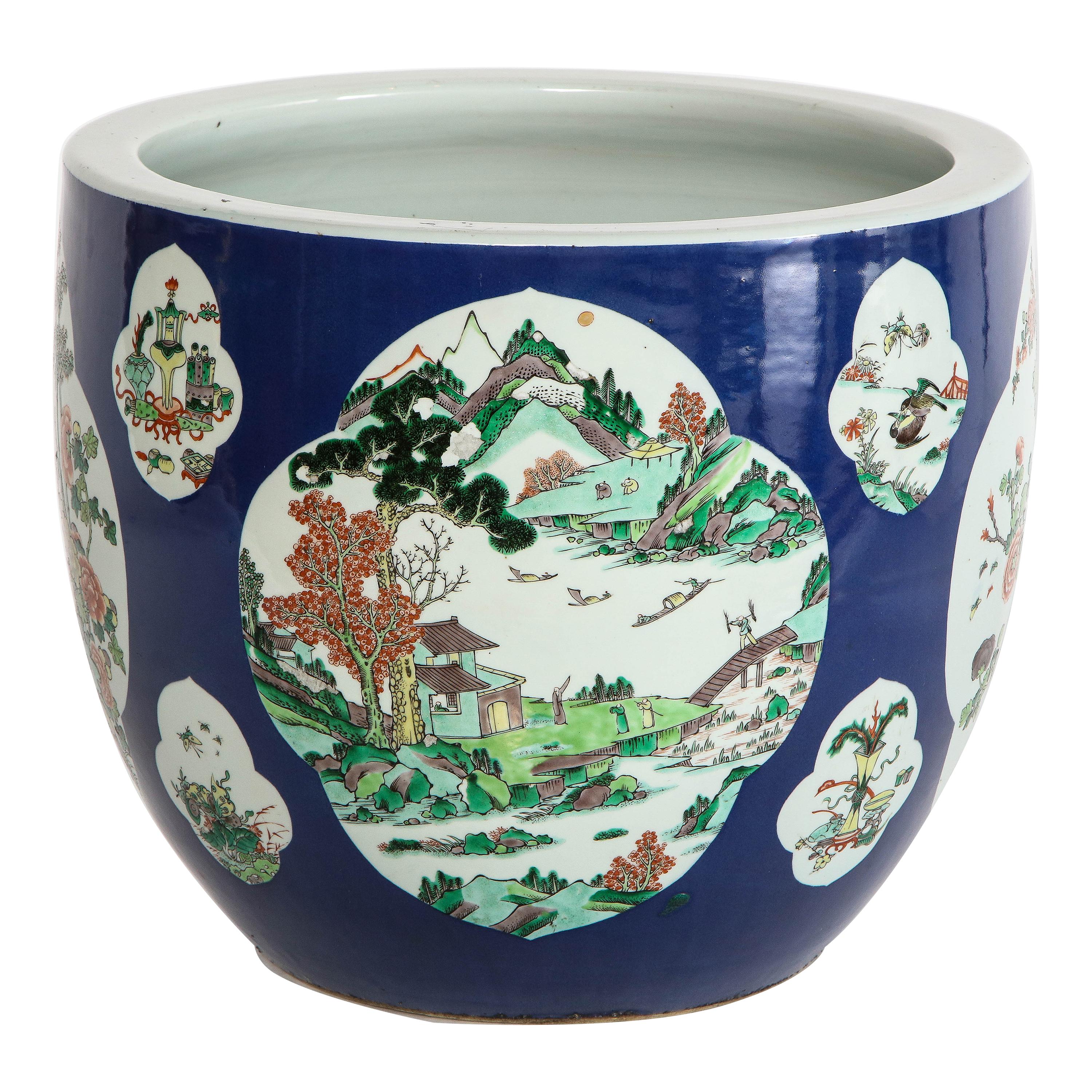 Chinese Famille Vert Blue-Ground Planter with Multiple Landscape Cartooges