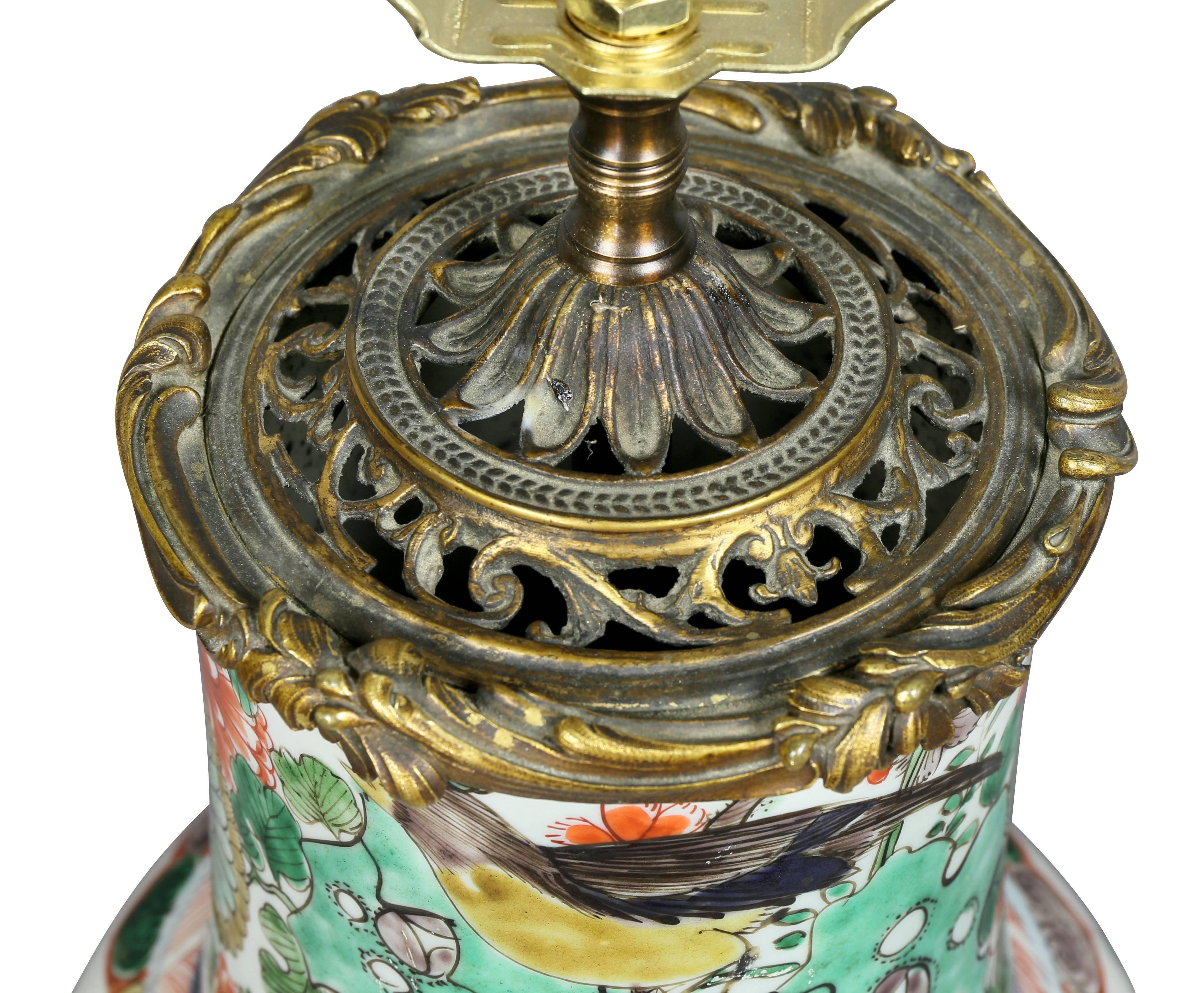 Asian Chinese Famille Verte and Ormolu Mounted Lamp