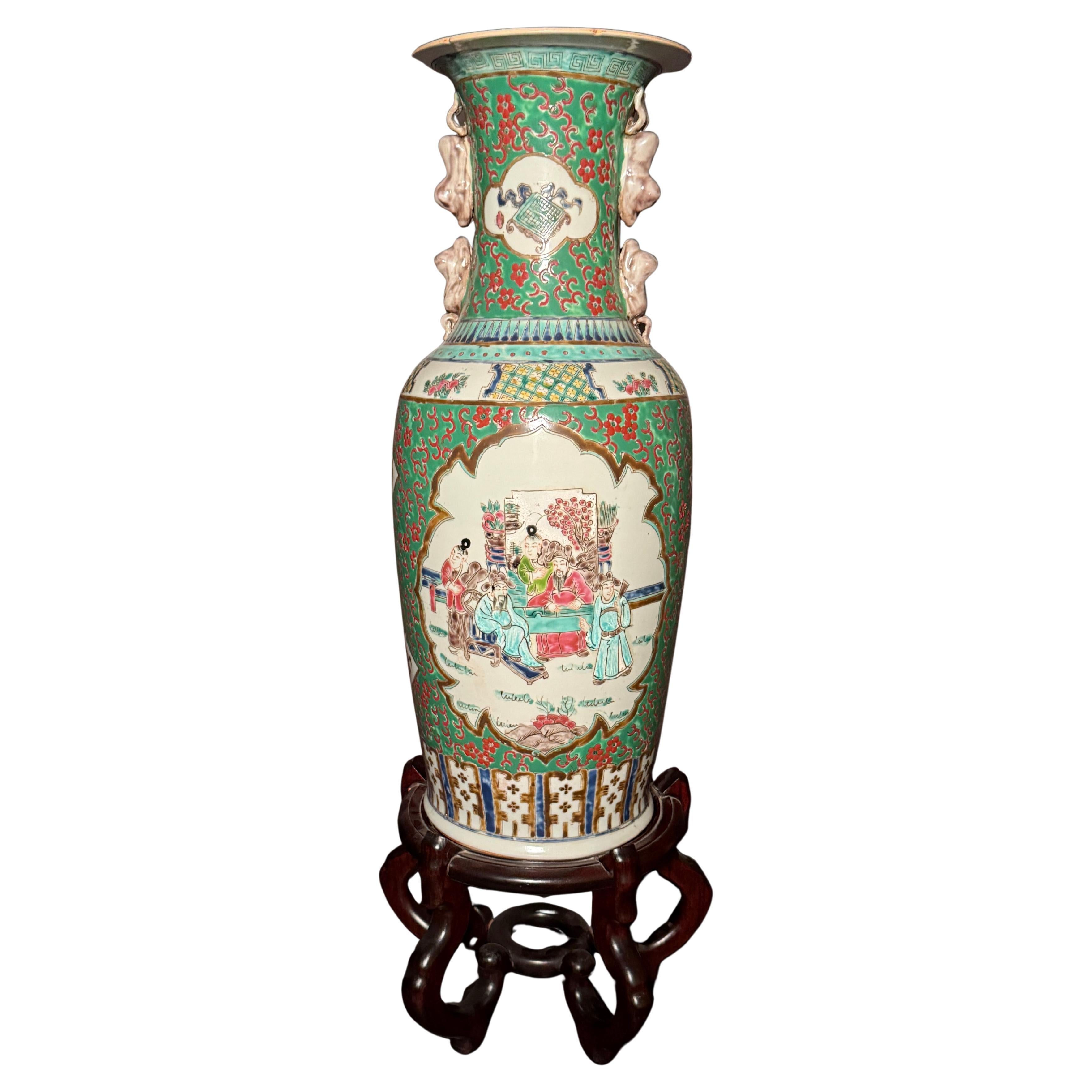 Chinese Famille Verte Floor Vase On Stand