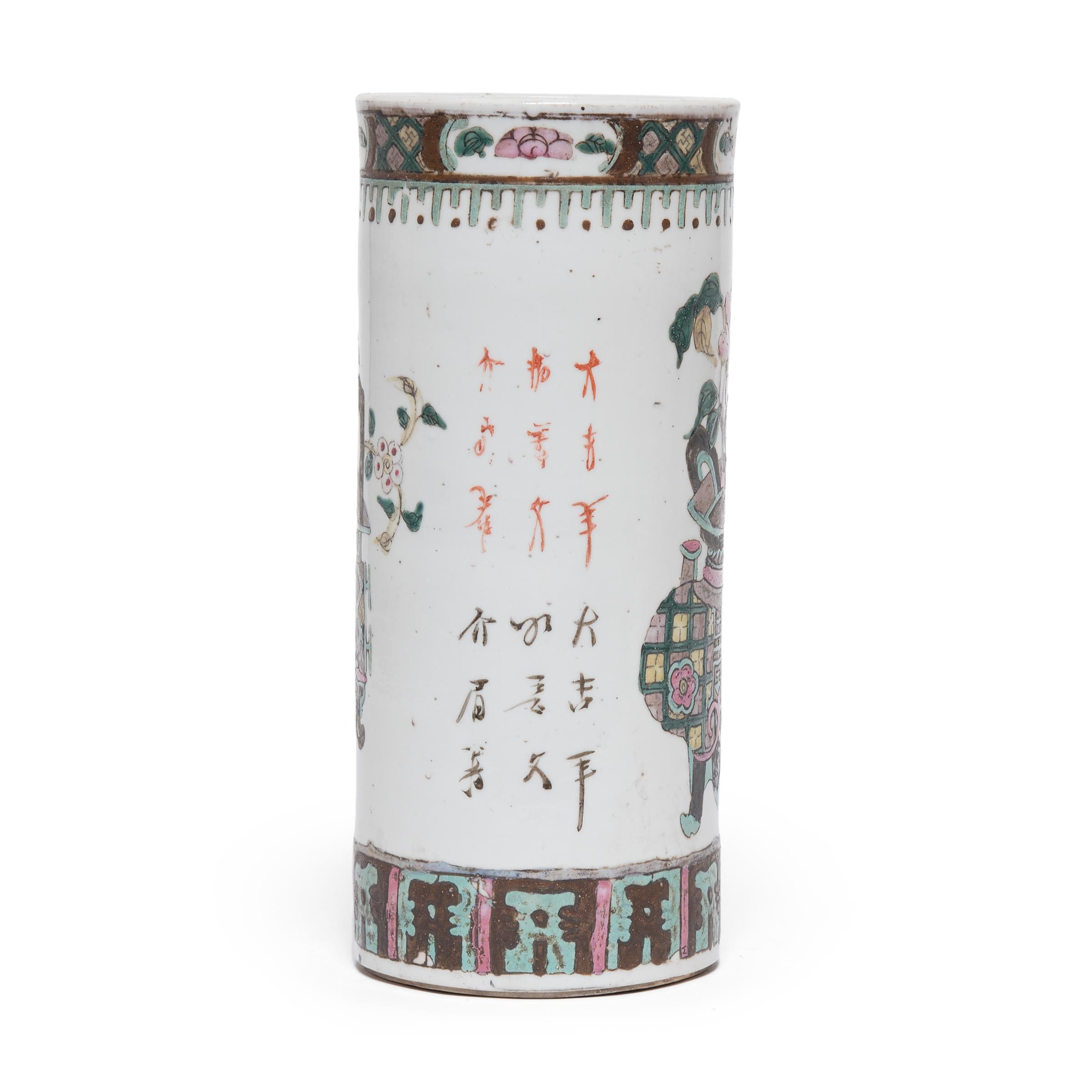 Enameled Chinese Famille Verte Hat Stand with Ancient Censers, c. 1900 For Sale
