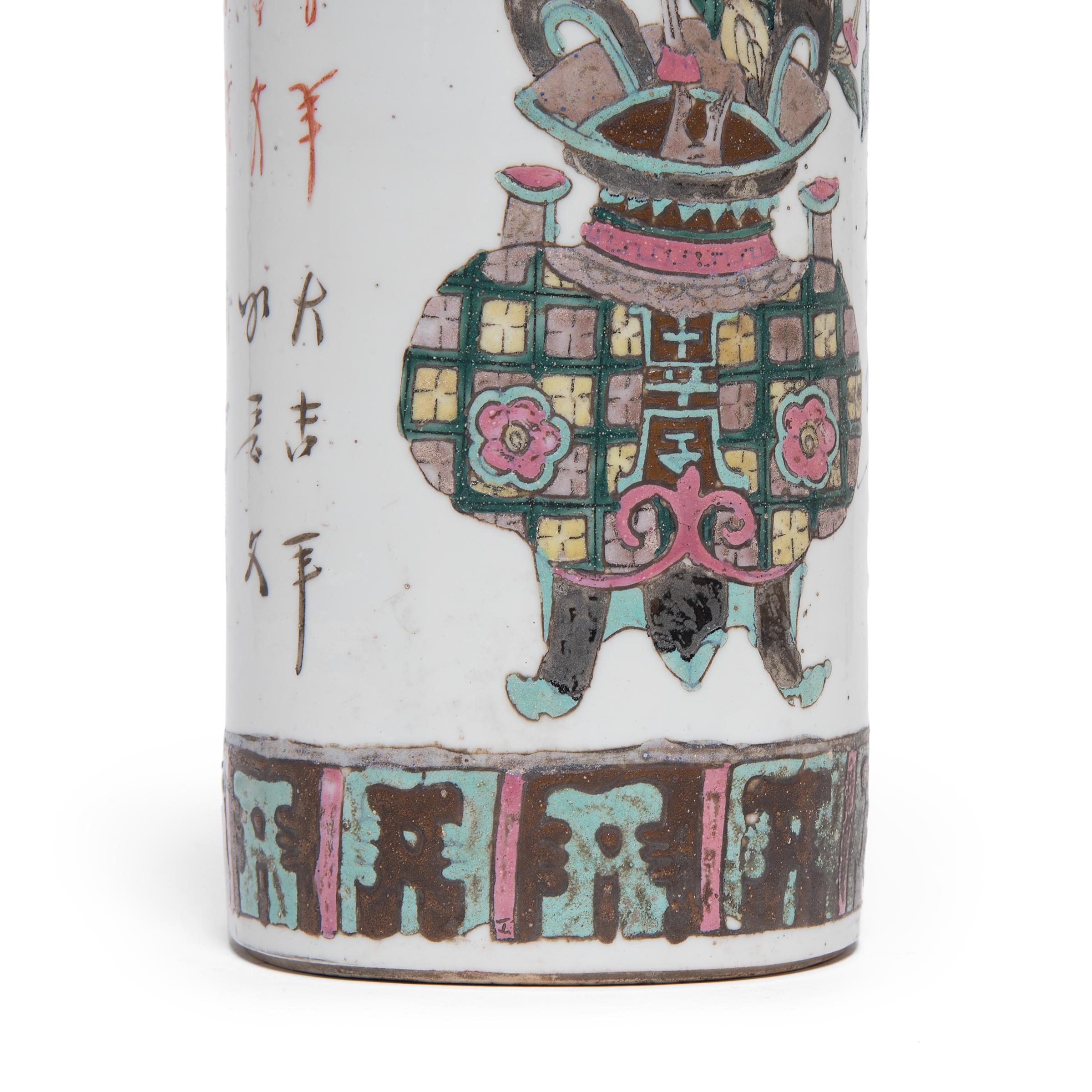 20th Century Chinese Famille Verte Hat Stand with Ancient Censers, c. 1900 For Sale
