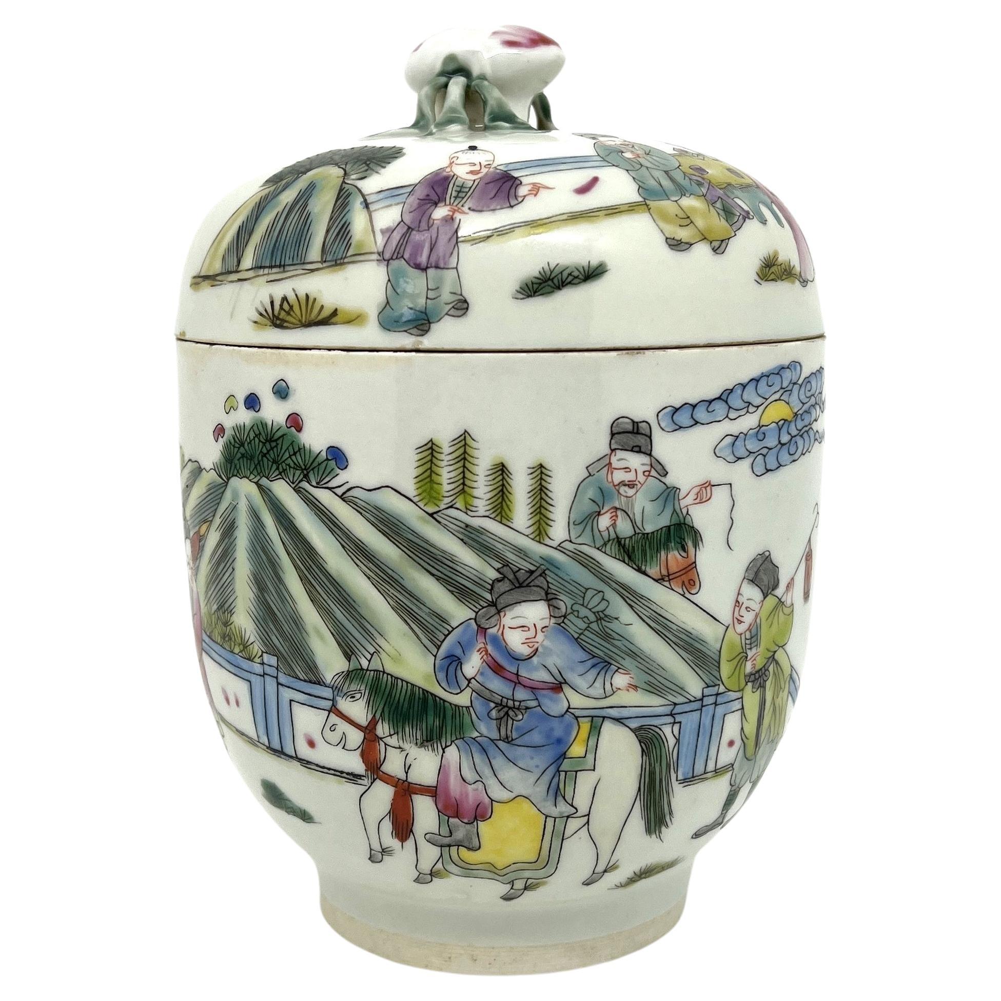 Chinese Famille Verte Jar with Horseback Riding, Qing Period, Tongzhi Era For Sale