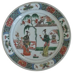 Antique Chinese Famille Verte Plate Porcelain Long Eliza Ladies, Kangxi, Circa 1690