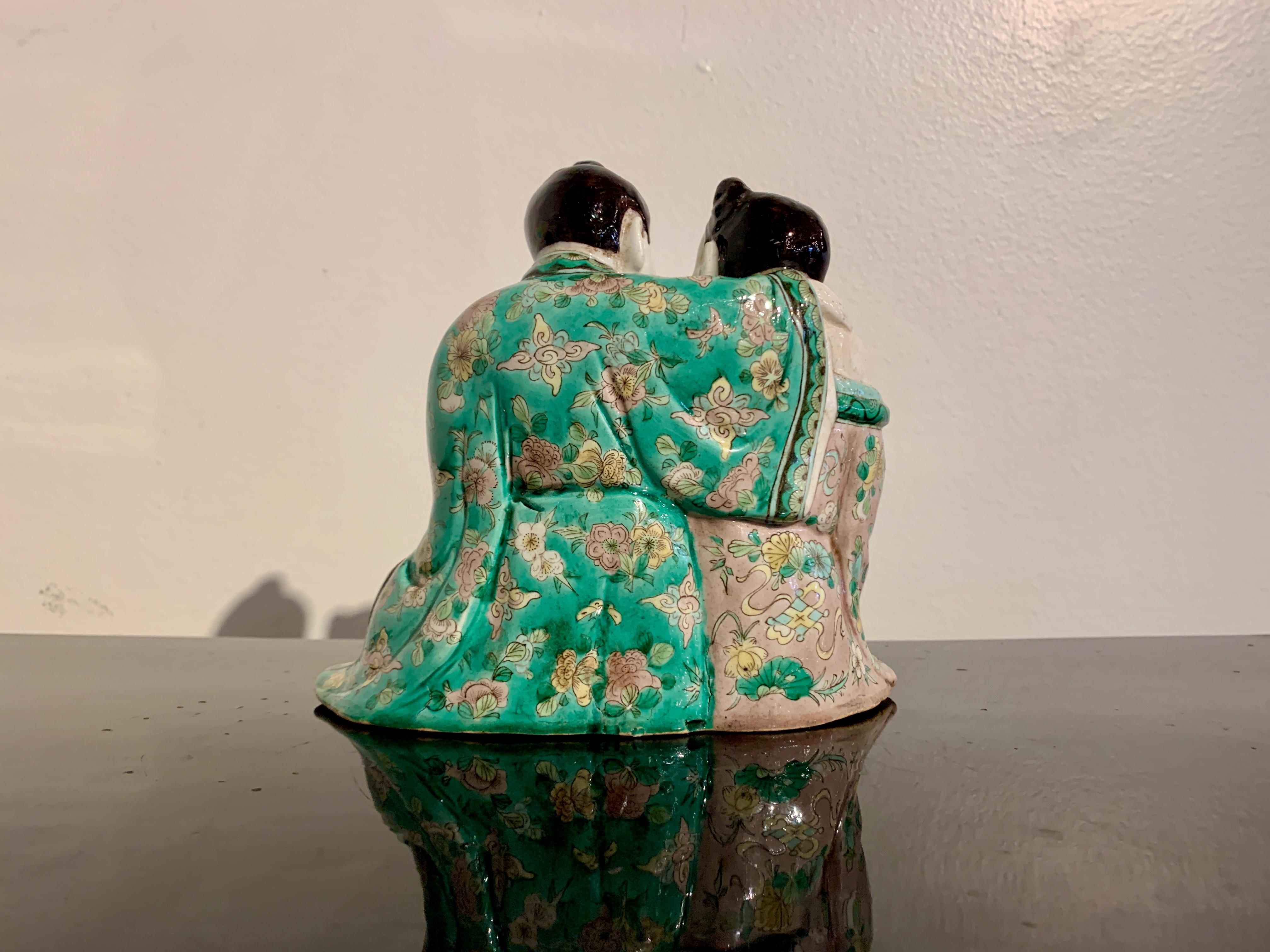 Enameled Chinese Famille Verte Porcelain He-He Er Xian Group, Early 20th Century, China For Sale
