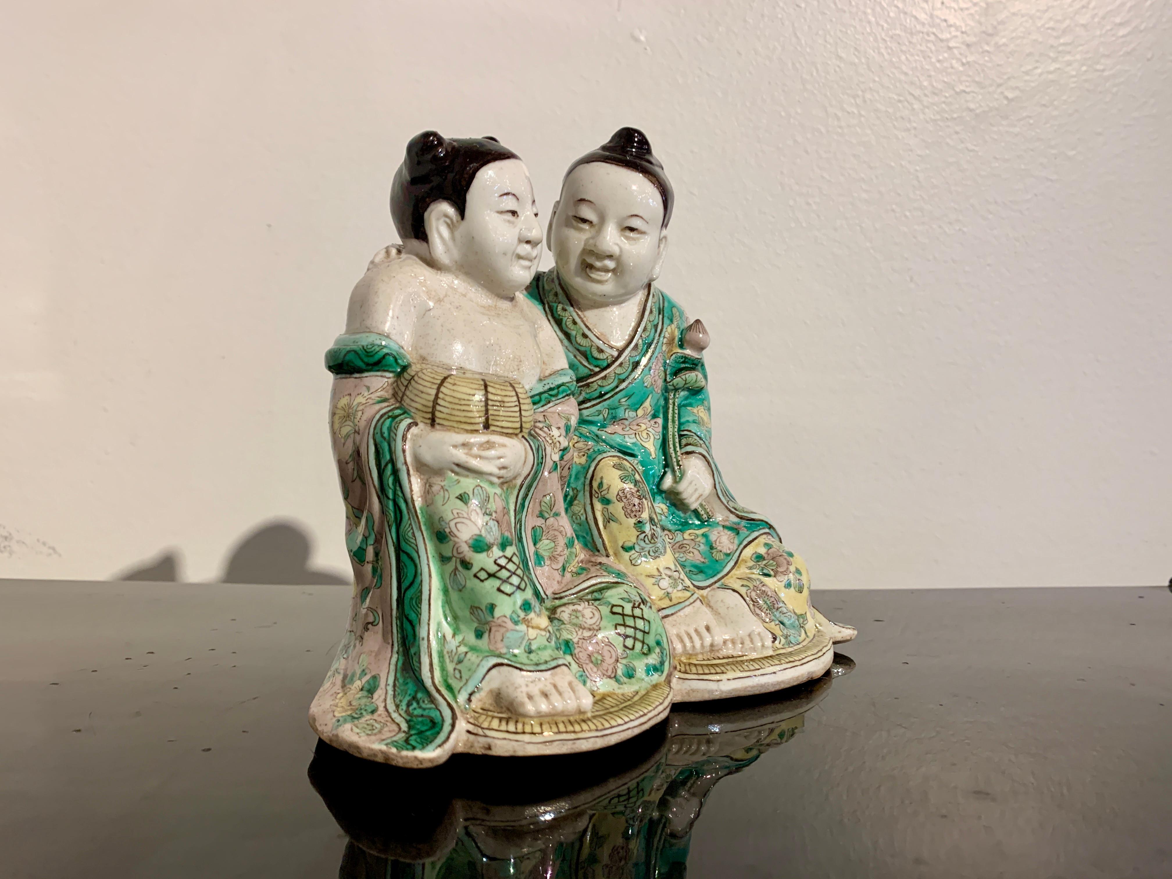 Chinese Famille Verte Porcelain He-He Er Xian Group, Early 20th Century, China For Sale 1