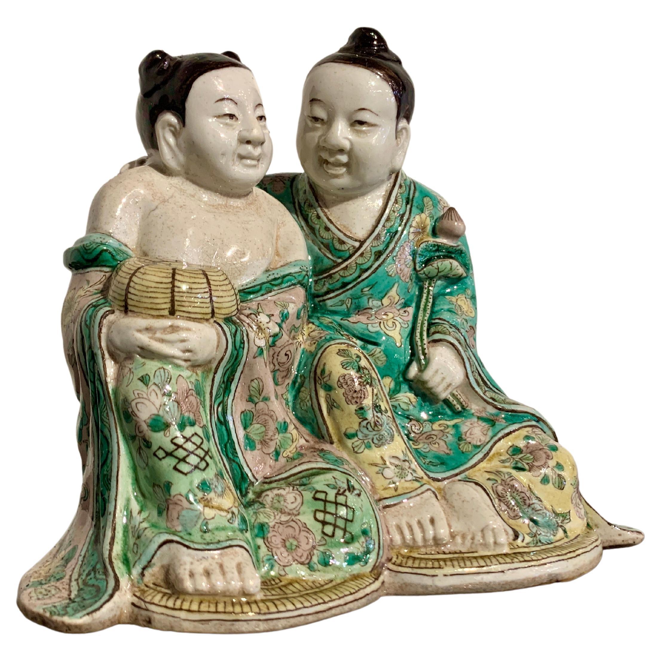 Chinese Famille Verte Porcelain He-He Er Xian Group, Early 20th Century, China For Sale