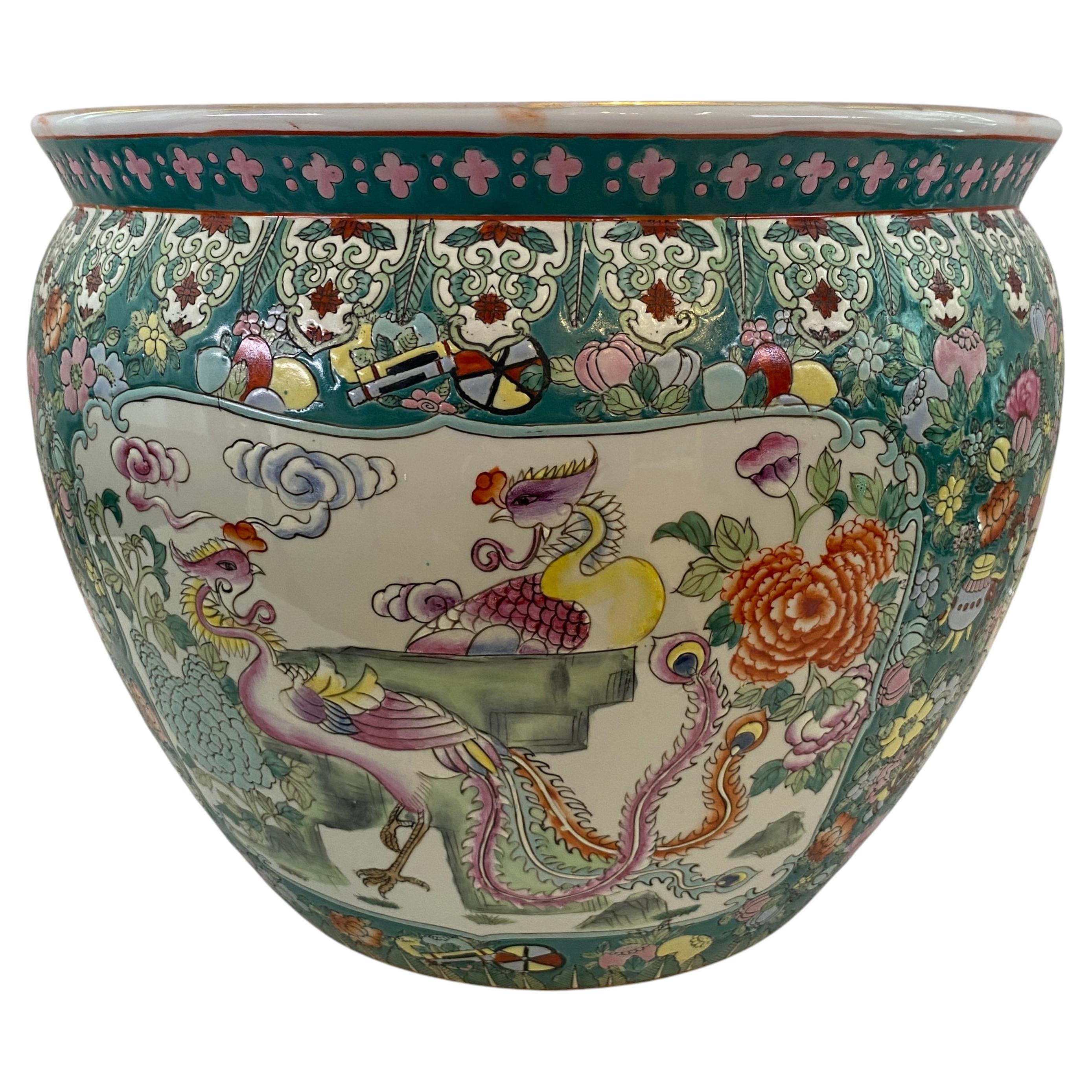 Chinese Famille Verte Style Porcelain Fish Bowl Jardinière Phoenix & Lotus, 20th