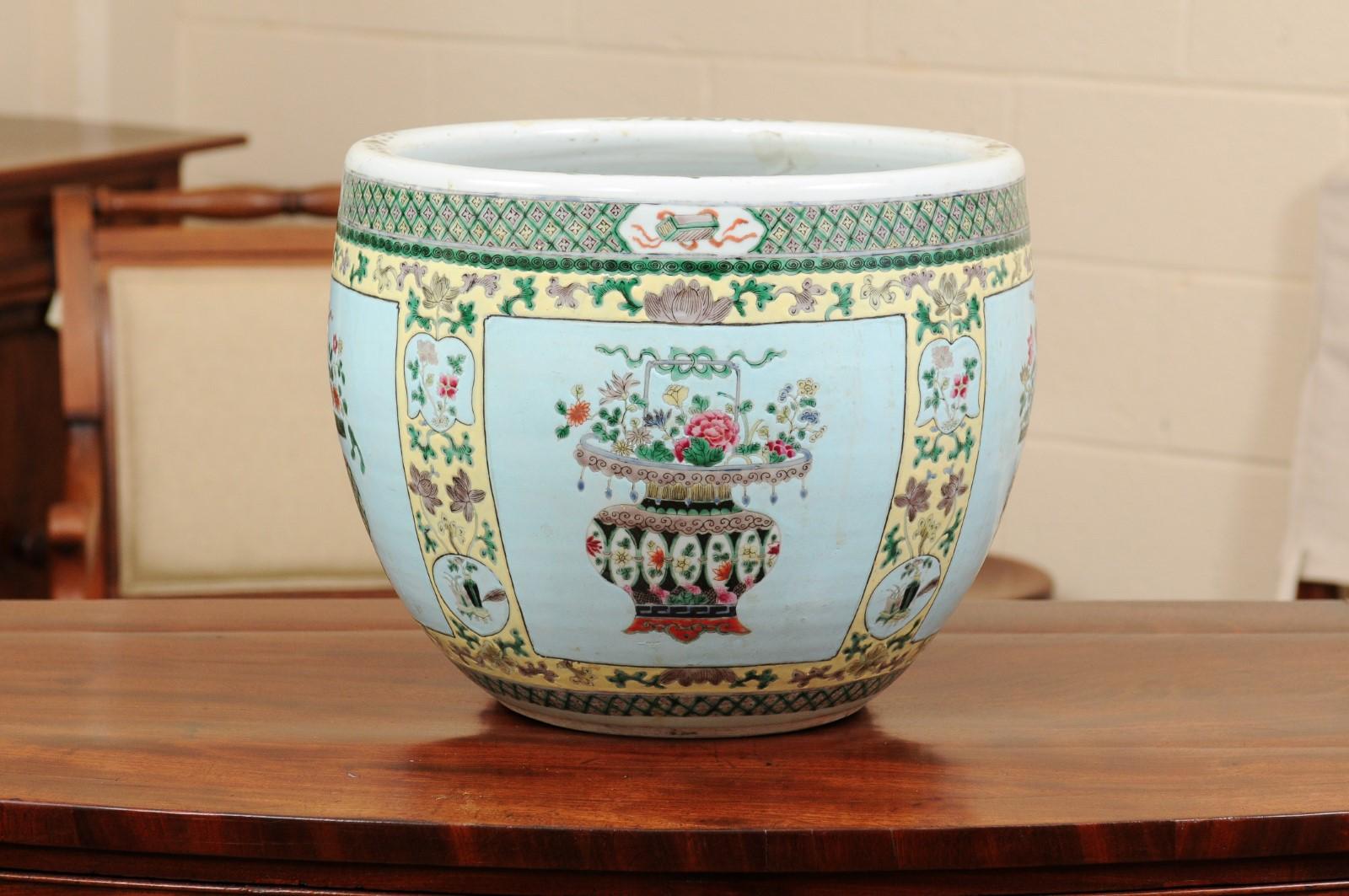 Chinese Famille Verte Style Porcelain Jardiniere with Blue Ground In Good Condition For Sale In Atlanta, GA