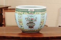 Chinese Famille Verte Style Porcelain Jardiniere with Blue Ground