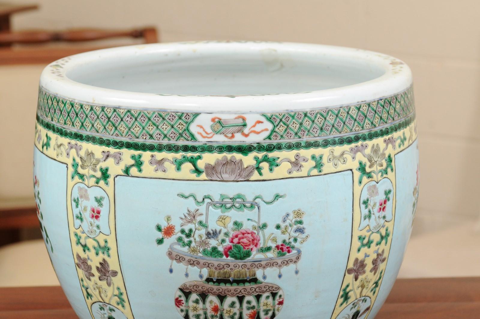 Chinese Famille Verte Style Porcelain Jardiniere with Blue Ground For Sale 1
