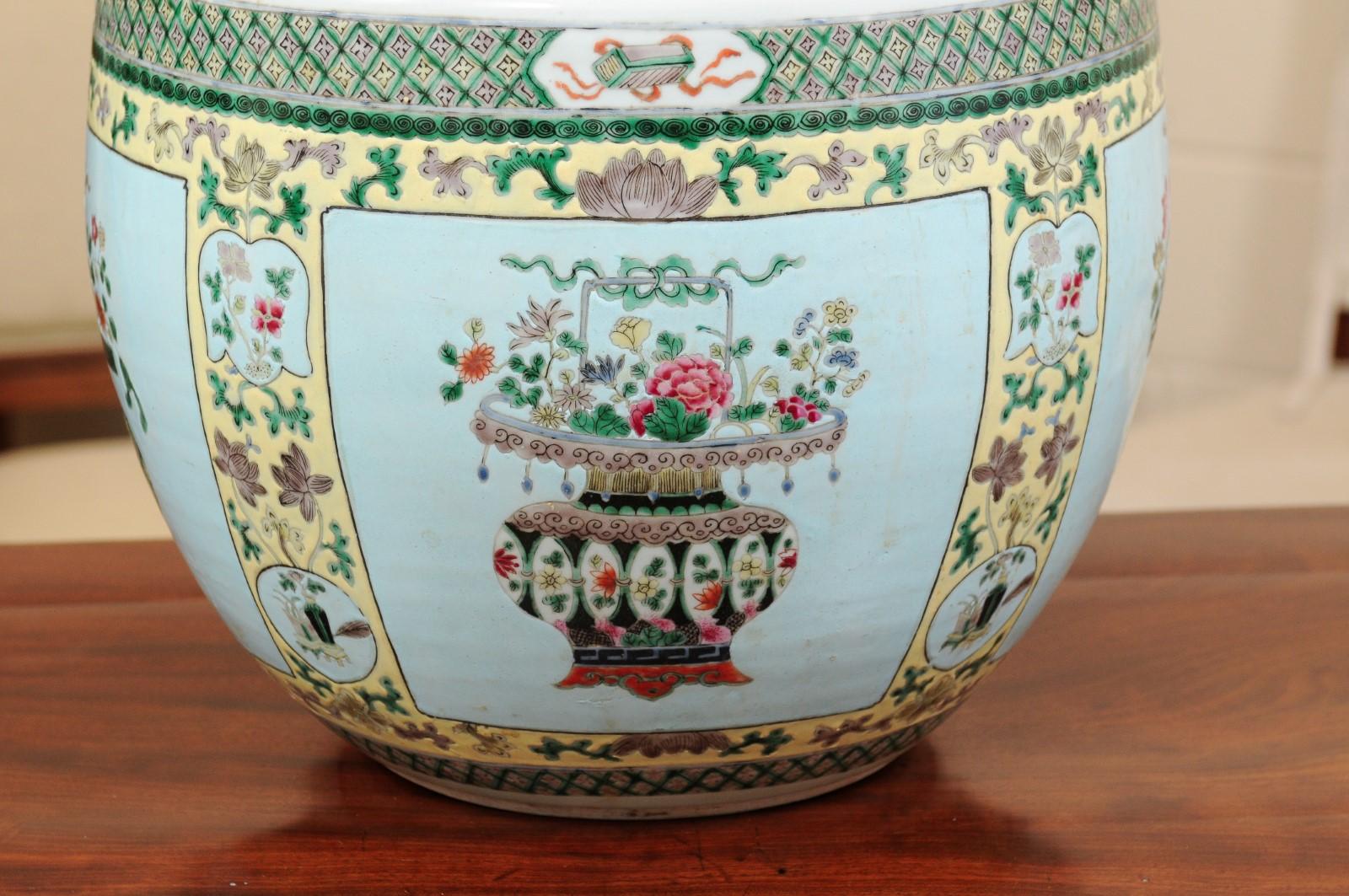 Chinese Famille Verte Style Porcelain Jardiniere with Blue Ground For Sale 2