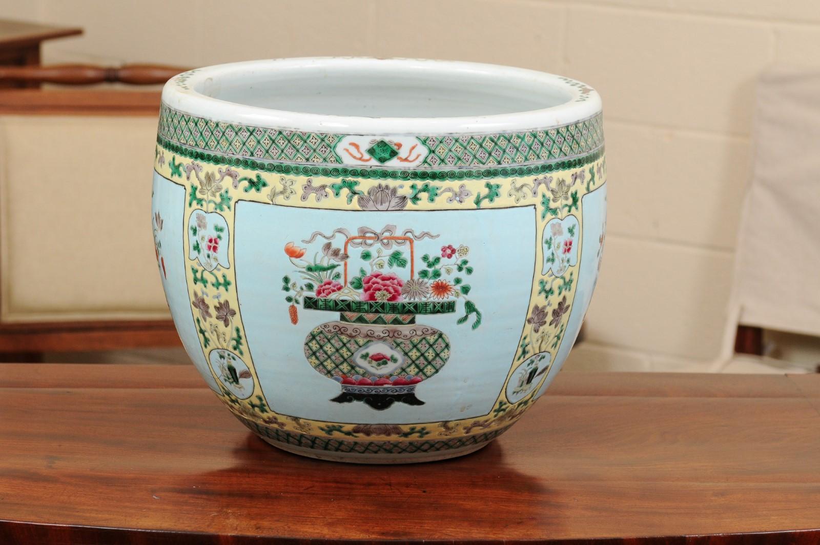 Chinese Famille Verte Style Porcelain Jardiniere with Blue Ground For Sale 3