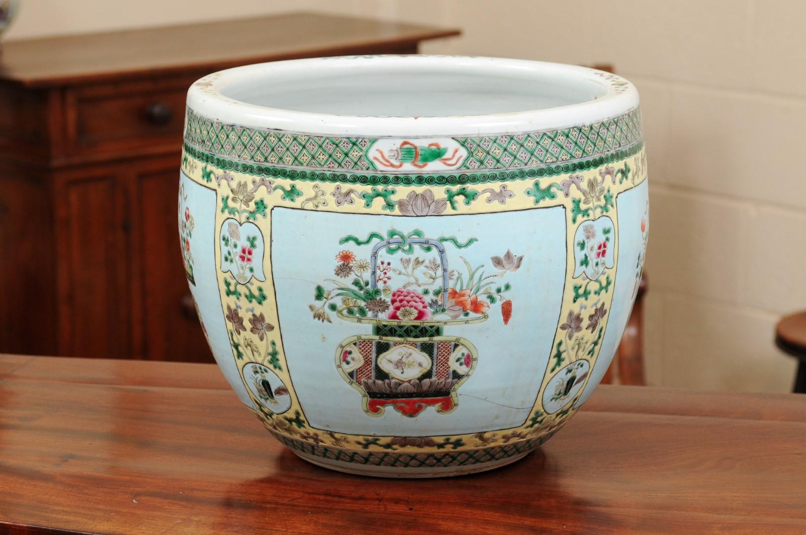 Chinese Famille Verte Style Porcelain Jardiniere with Blue Ground For Sale 4