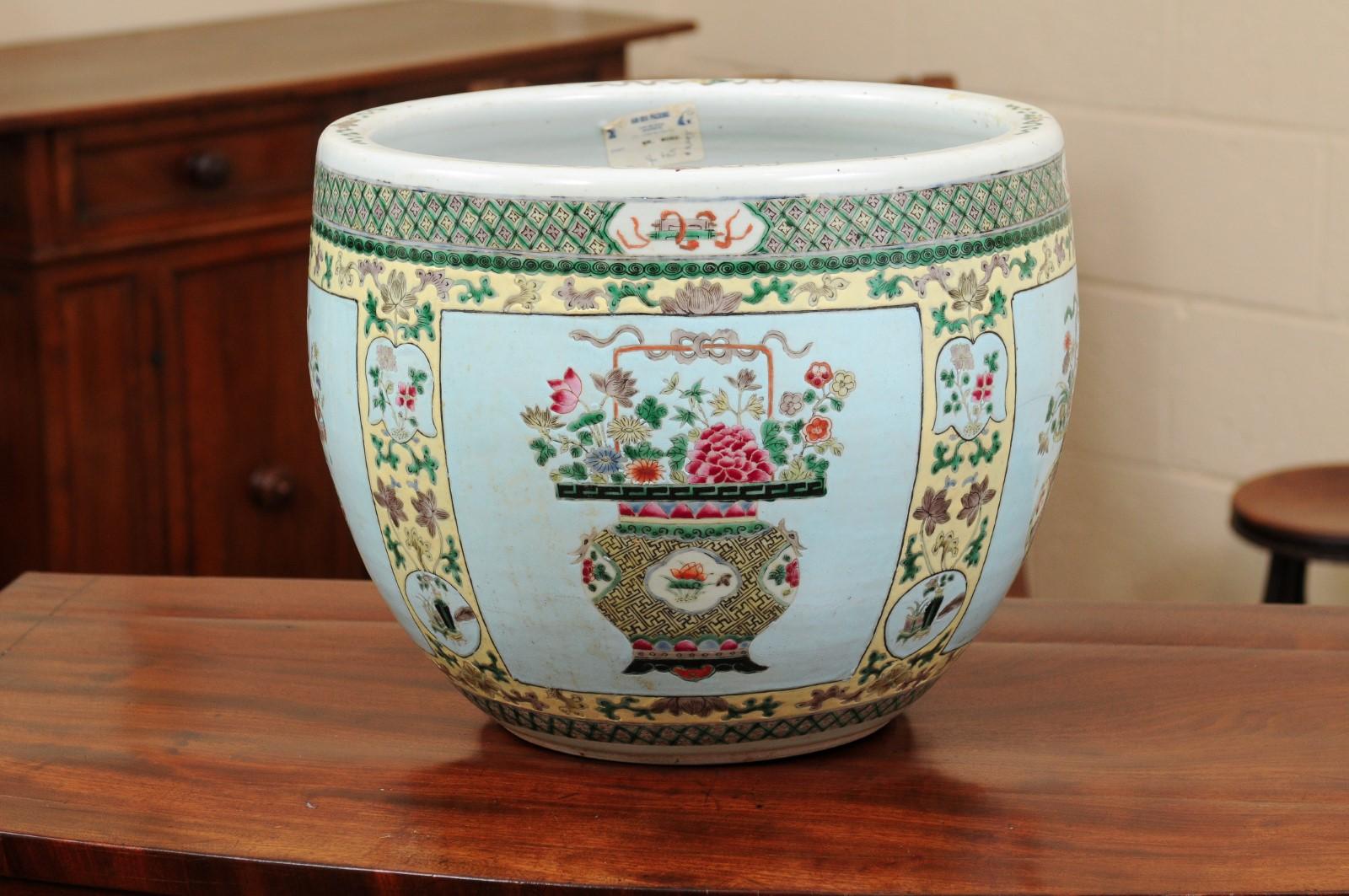 Chinese Famille Verte Style Porcelain Jardiniere with Blue Ground For Sale 5