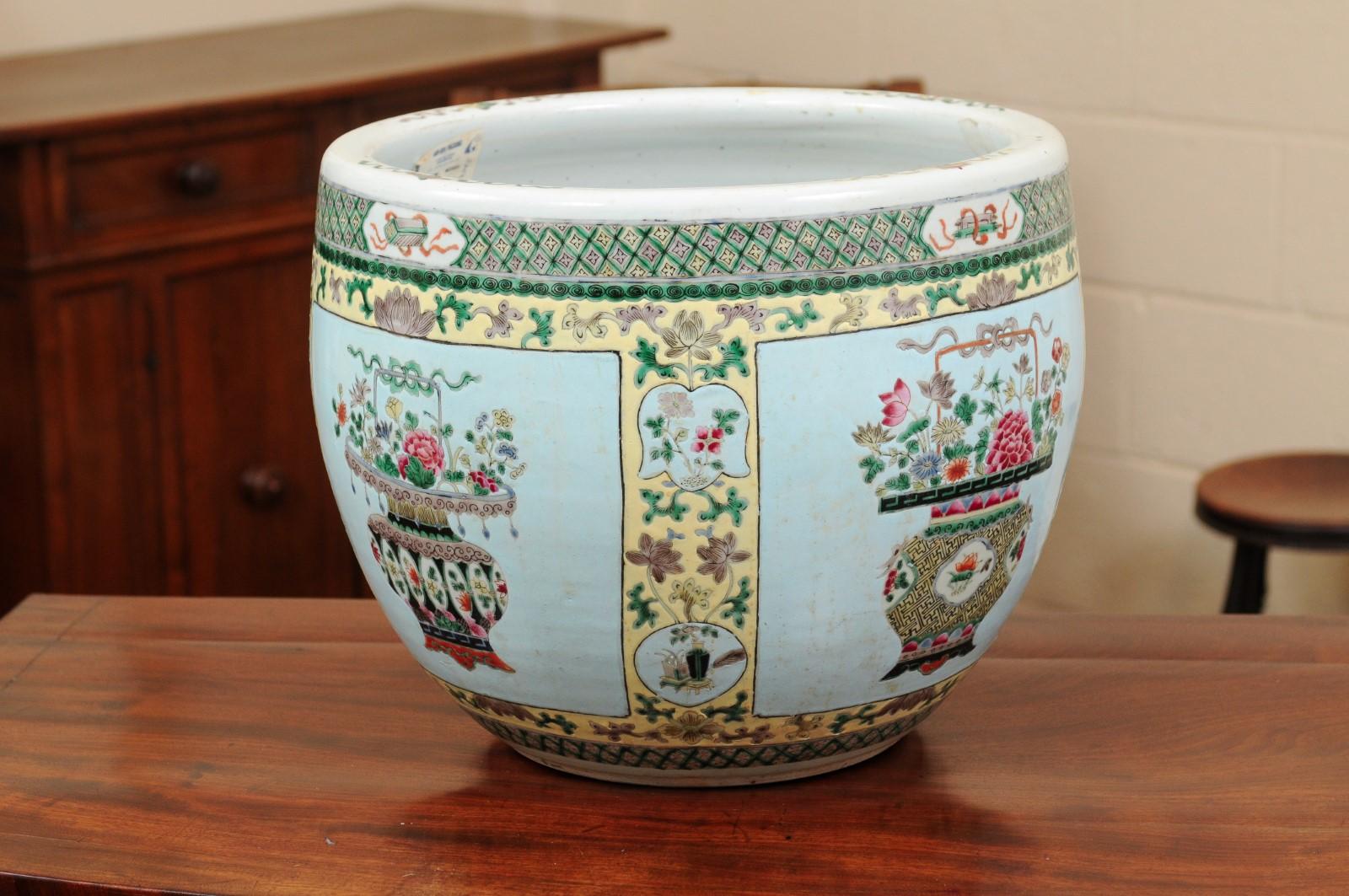 Chinese Famille Verte Style Porcelain Jardiniere with Blue Ground For Sale 6