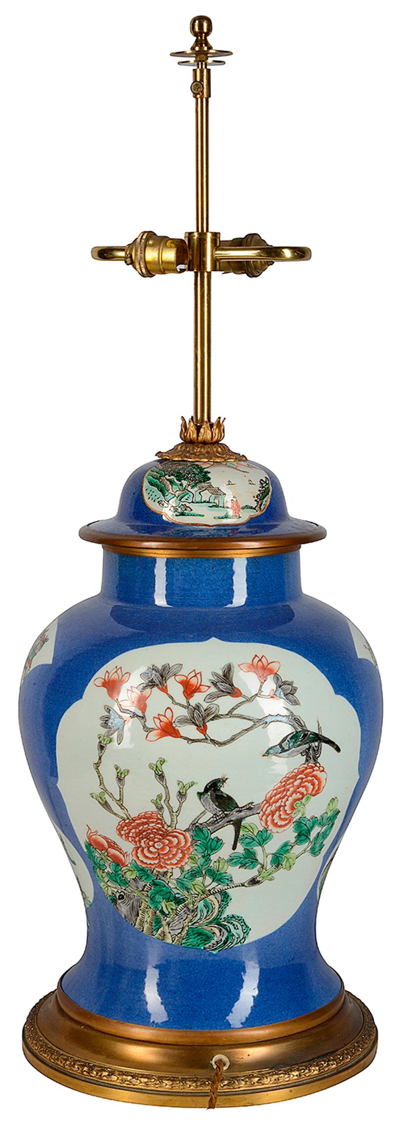 Hand-Painted Chinese Famille Verte Vase / Lamps, 19th Century