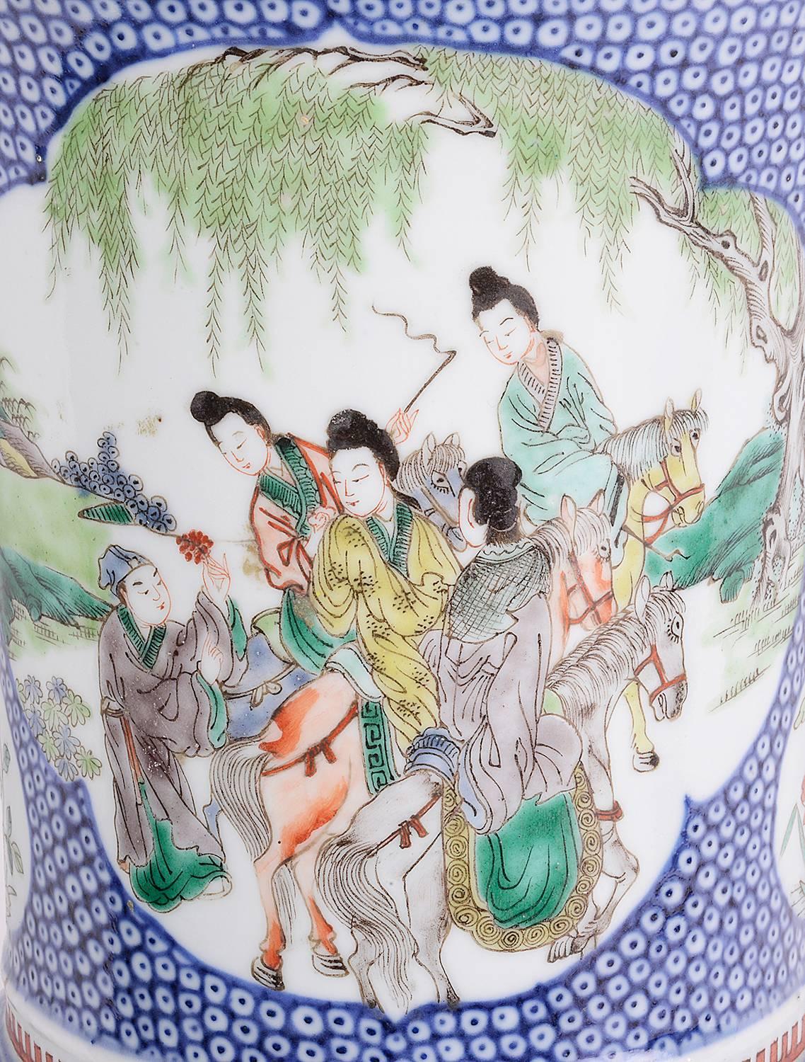 Hand-Painted Chinese Famille Verte Vase or Lamp, 19th Century For Sale