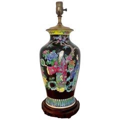 Japanese Vase with Black Background in the Style of Chinese Famille Verte
