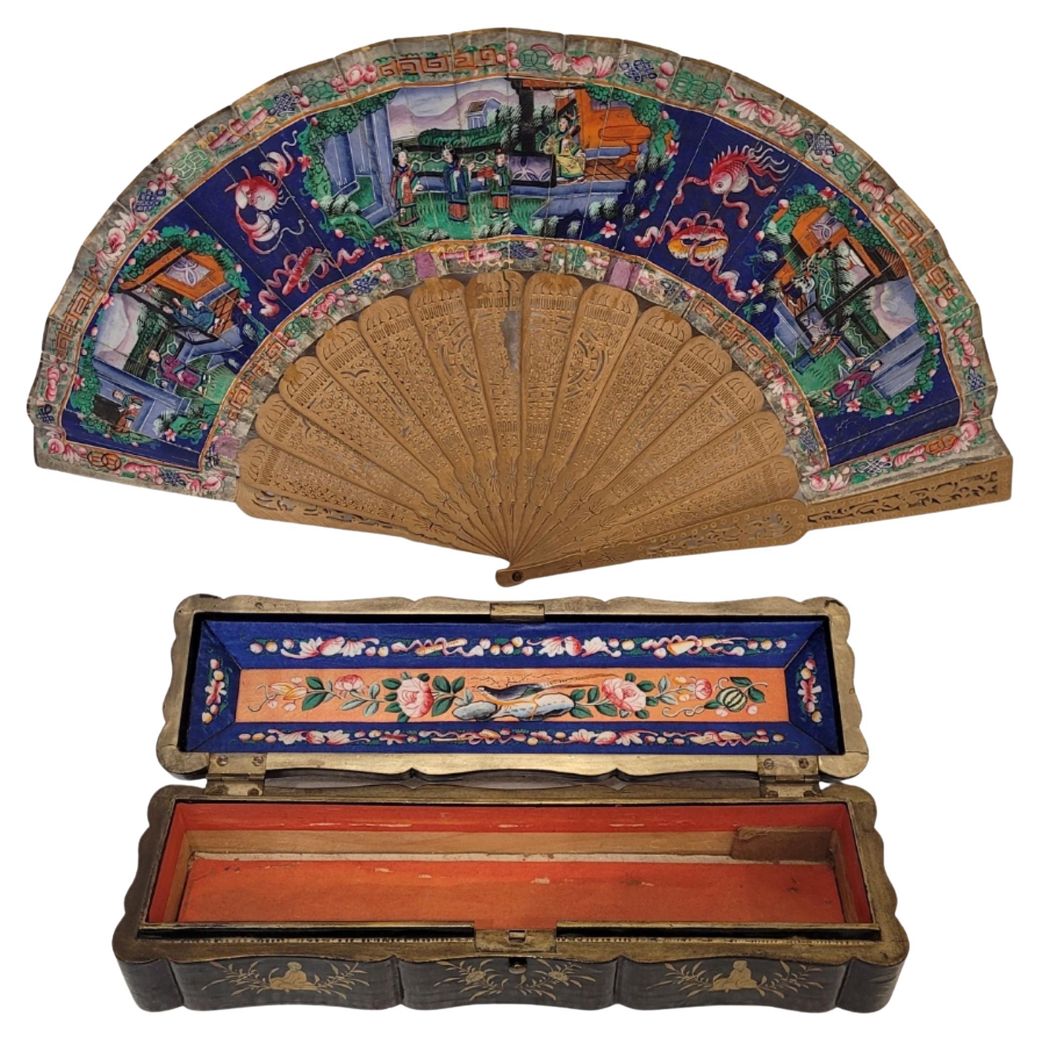Chinese fan with a thousand faces, Sandalwood box and gouache