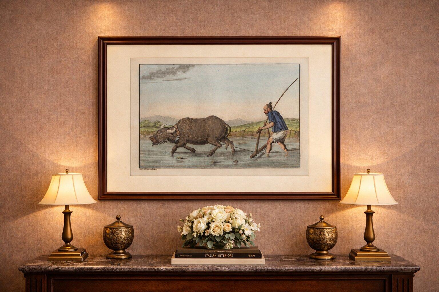 Chinese Farmer with Water Buffalo, Agricultural Scene – Ferrario Print of 1815