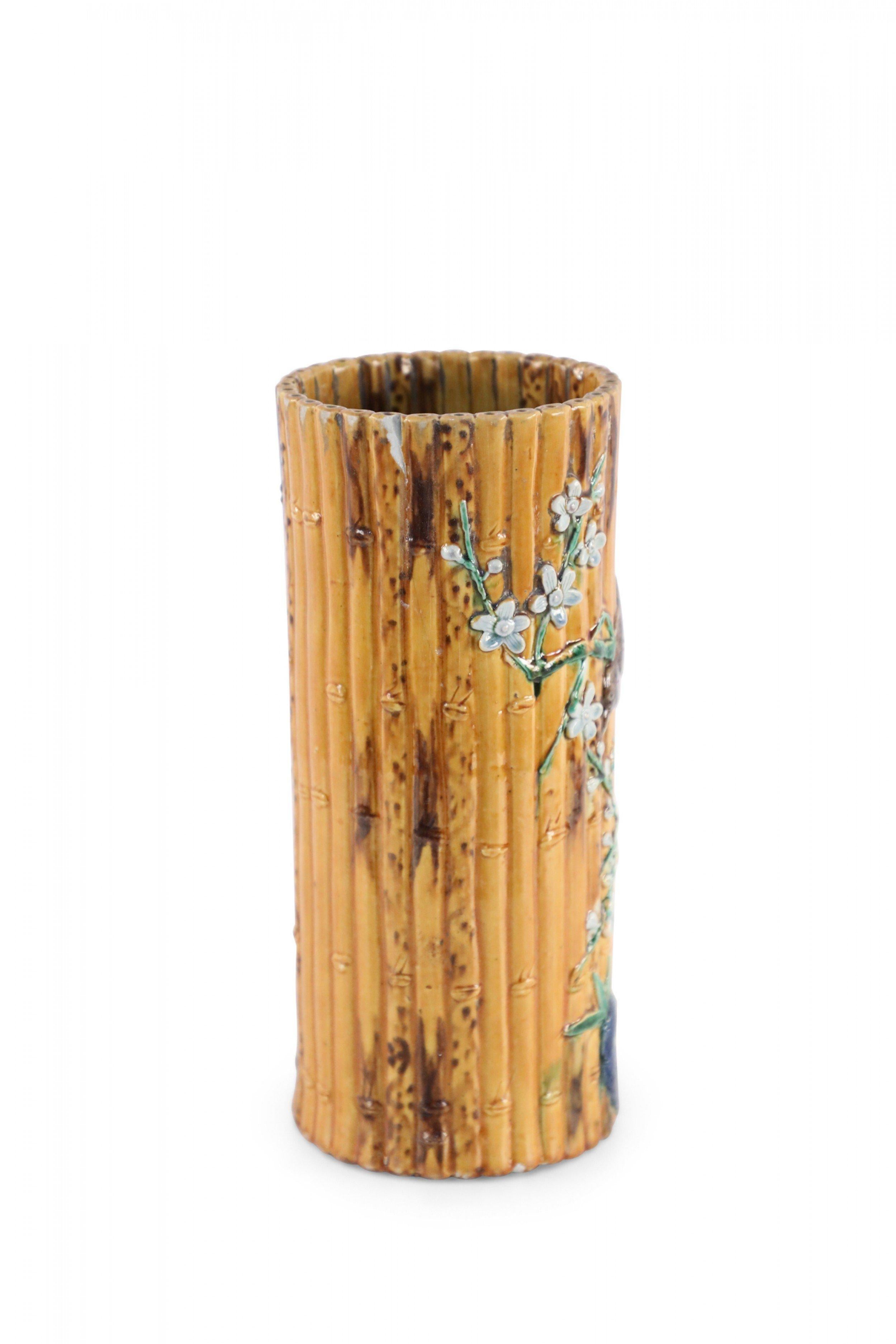 Chinese Faux Bamboo and Floral Motif Hat Stand Porcelain Vase For Sale 2