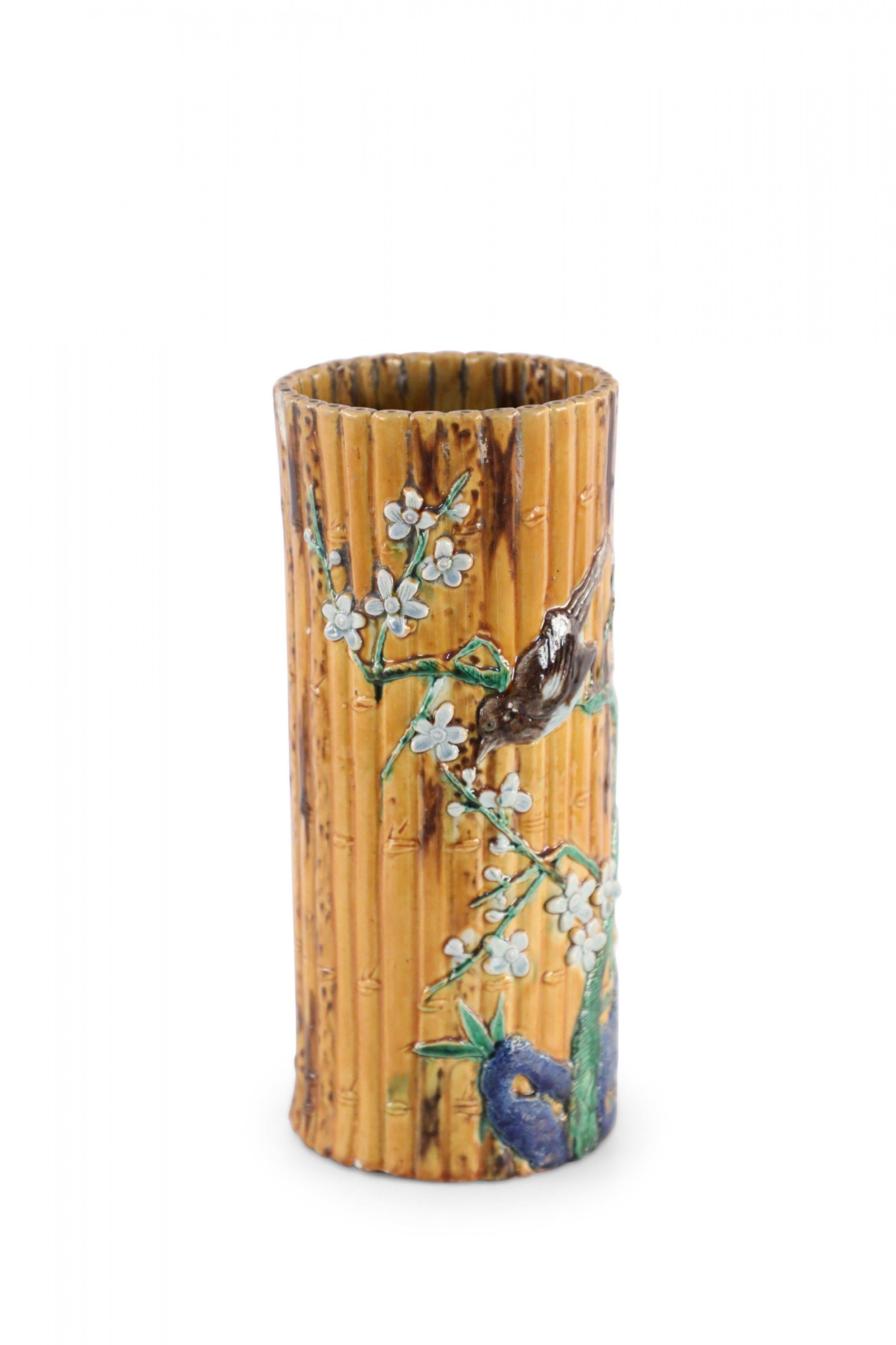 Chinese Faux Bamboo and Floral Motif Hat Stand Porcelain Vase For Sale 3