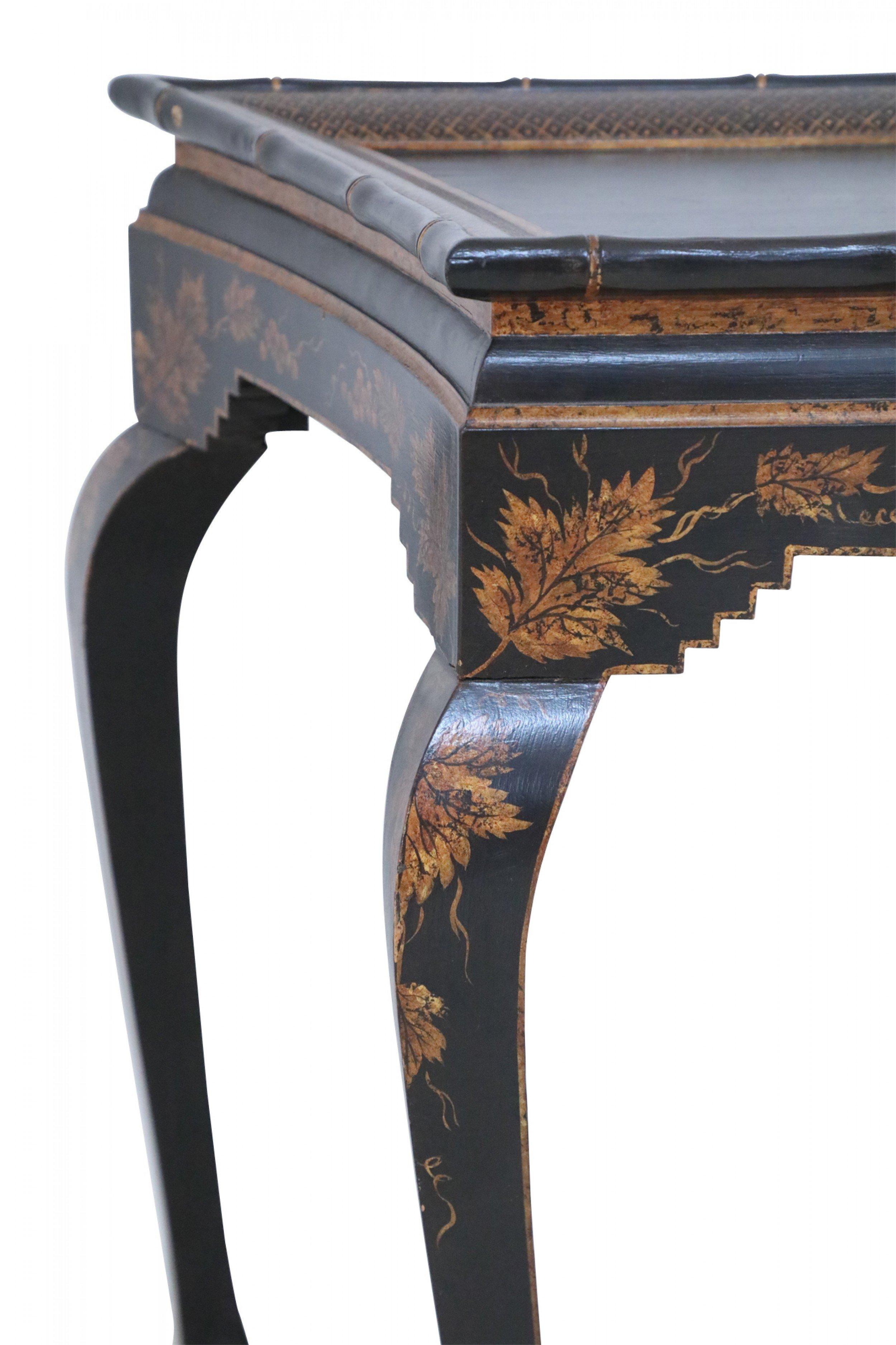 Chinese Faux Bamboo Edged Black and Gold Console Table 2