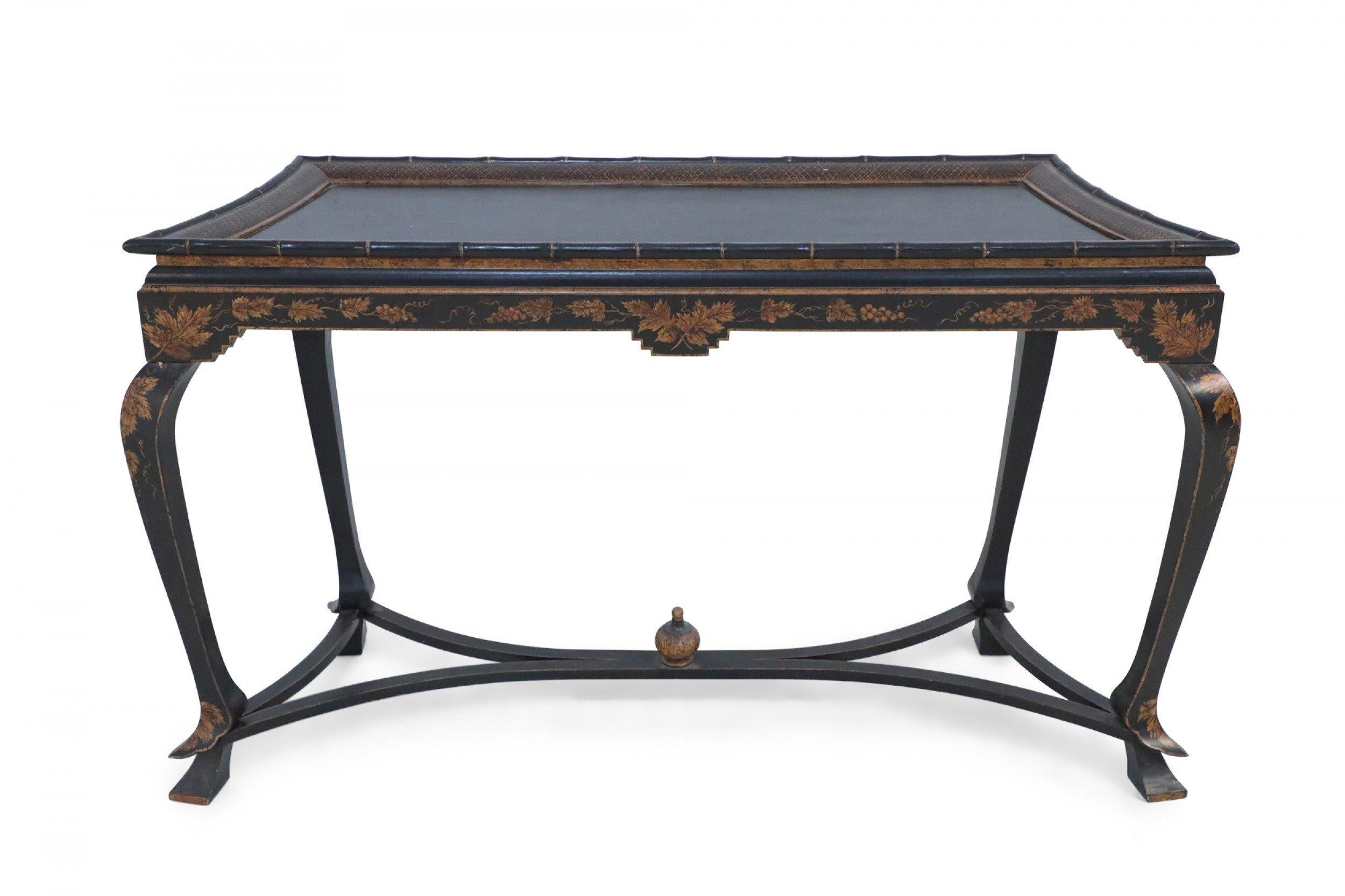 Painted Chinese Faux Bamboo Edged Black and Gold Console Table