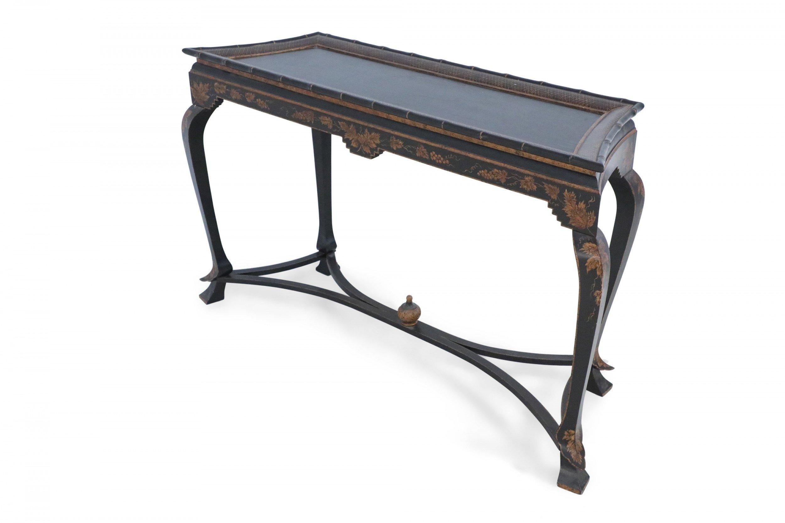 Chinese Faux Bamboo Edged Black and Gold Console Table In Good Condition In New York, NY