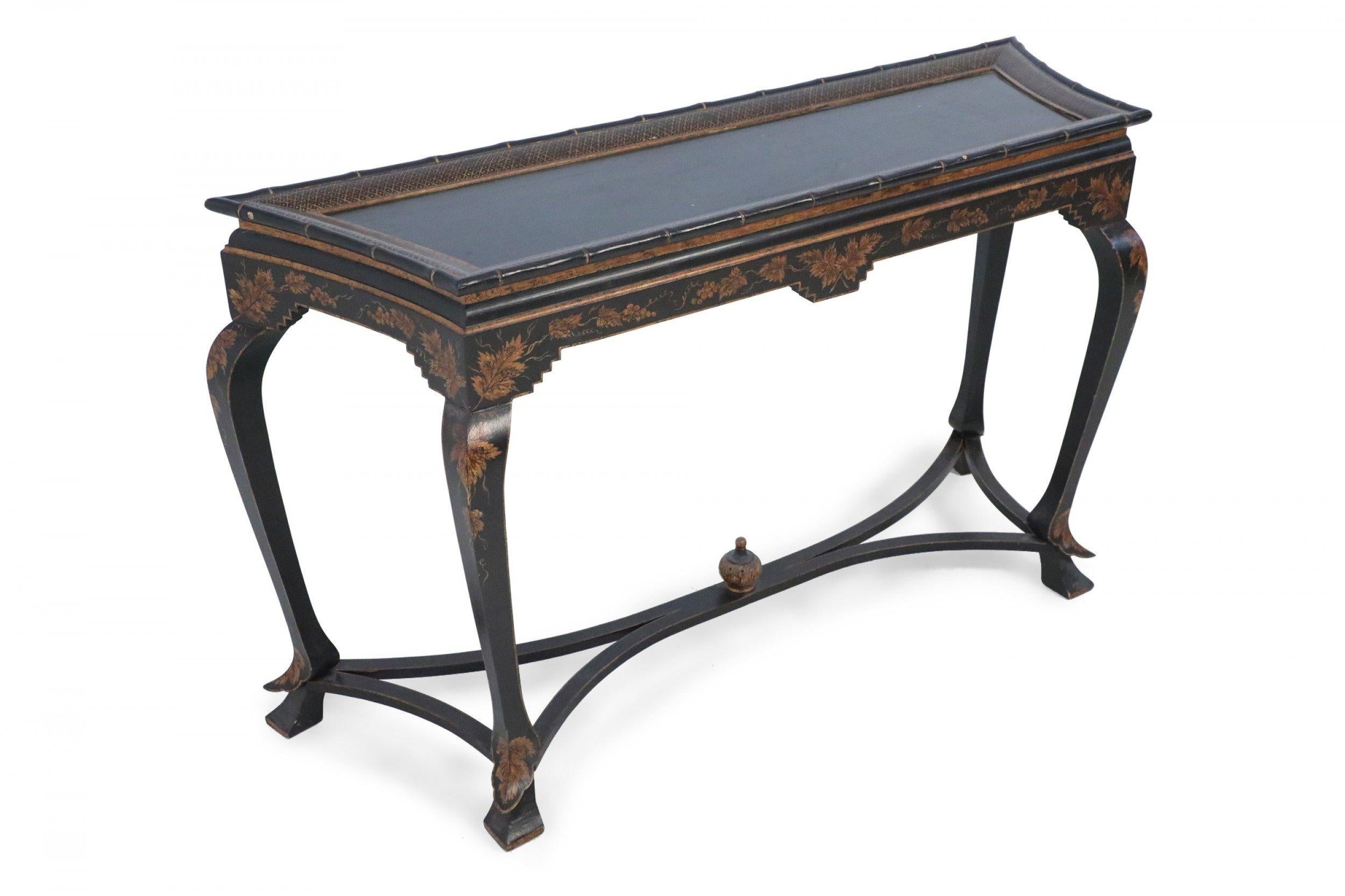 Wood Chinese Faux Bamboo Edged Black and Gold Console Table