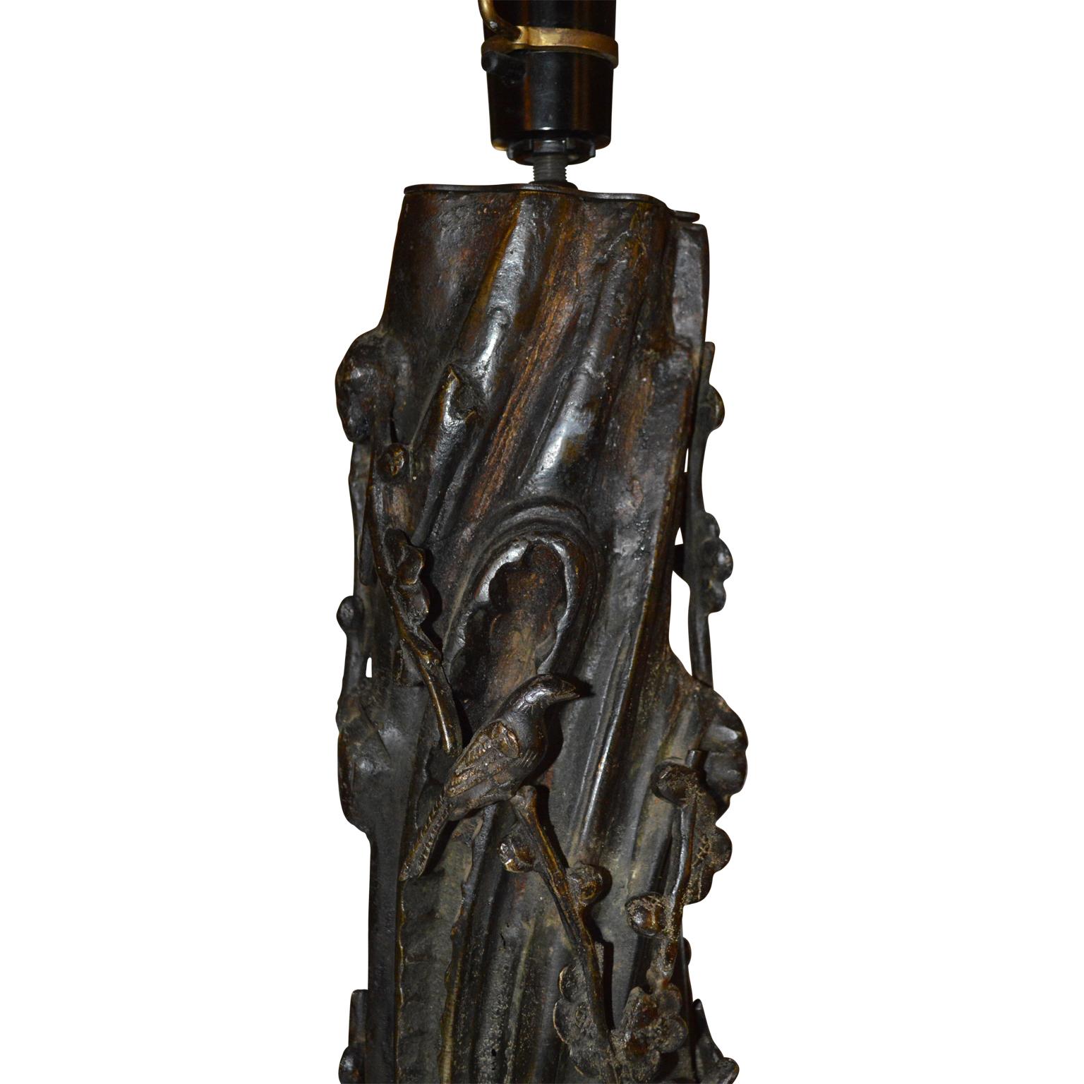 Organic Modern Chinese Faux Bois Bronze Table Lamp For Sale