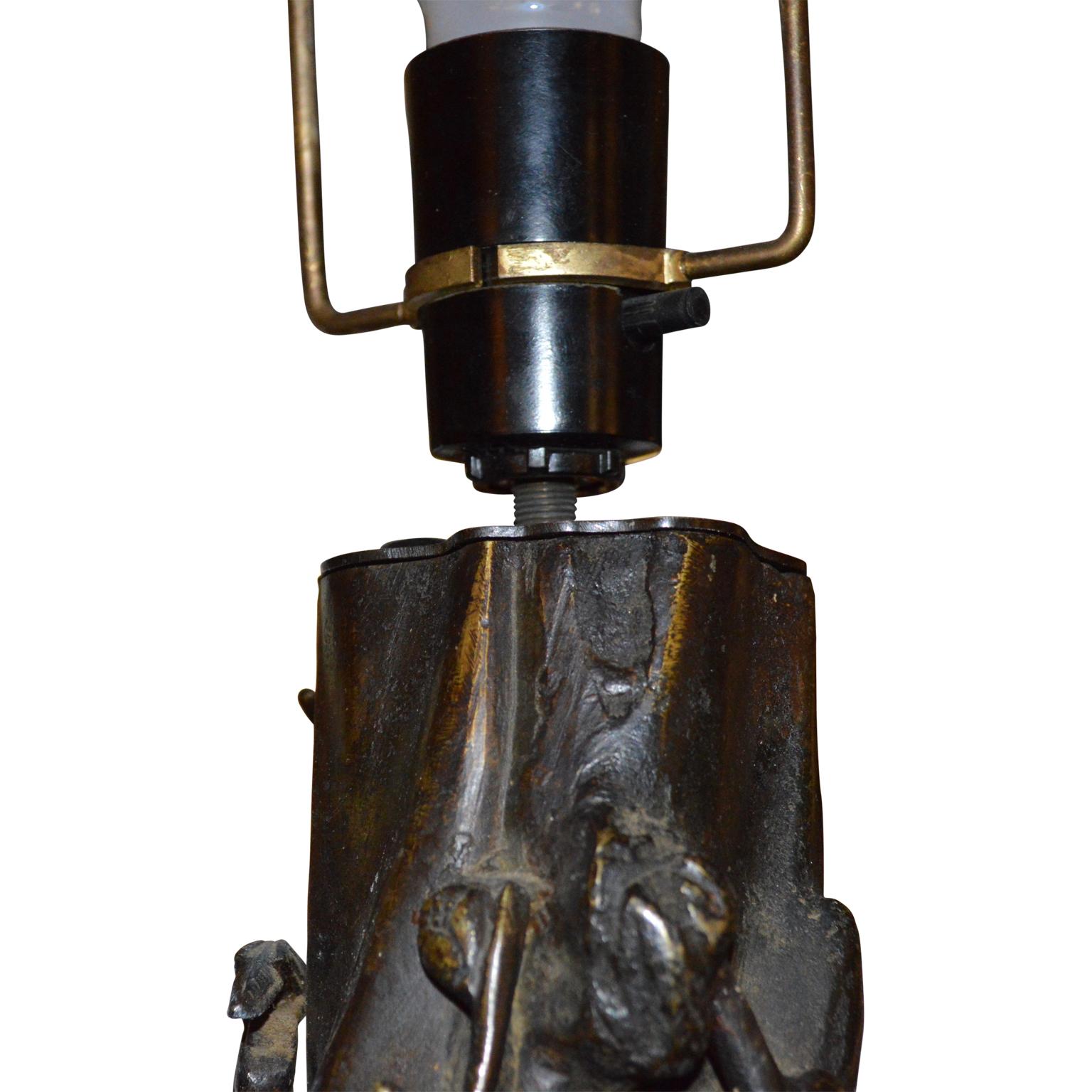 Chinese Faux Bois Bronze Table Lamp In Good Condition For Sale In Haddonfield, NJ