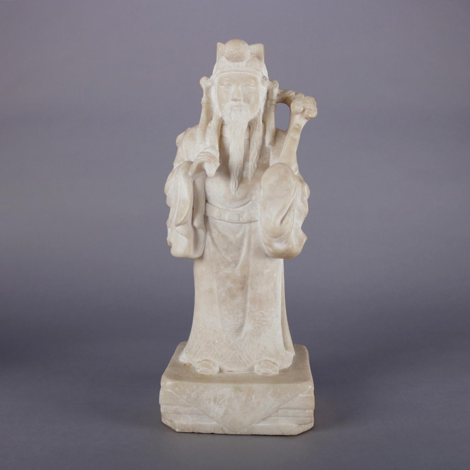 Antique Chinese carved figural sculpture features full length portrait of emperor in traditional garb, 19th century.

Measures: 17