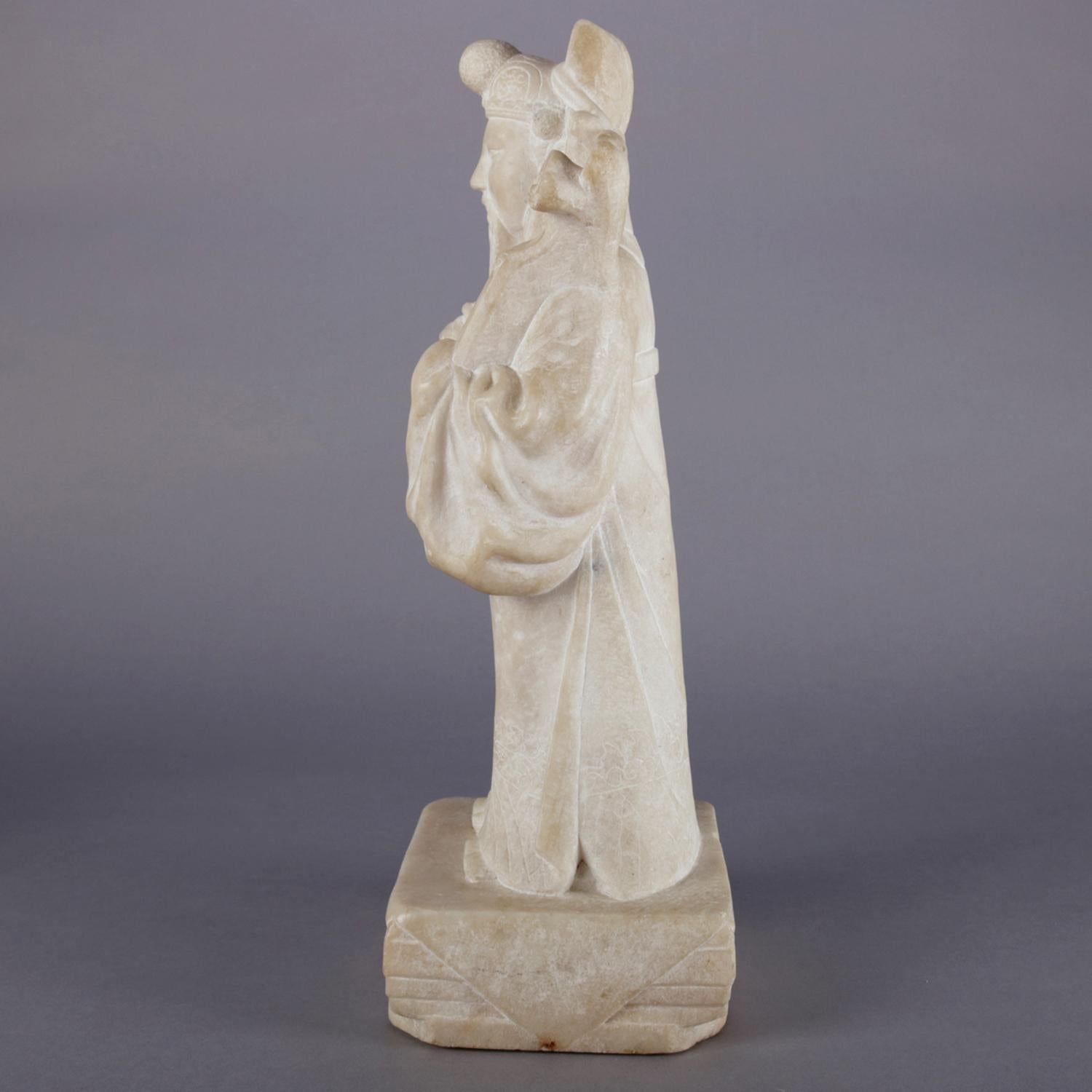 Hand-Carved Chinese Figural Carved Alabaster Portrait Sculpture of Emperor, 19th Century