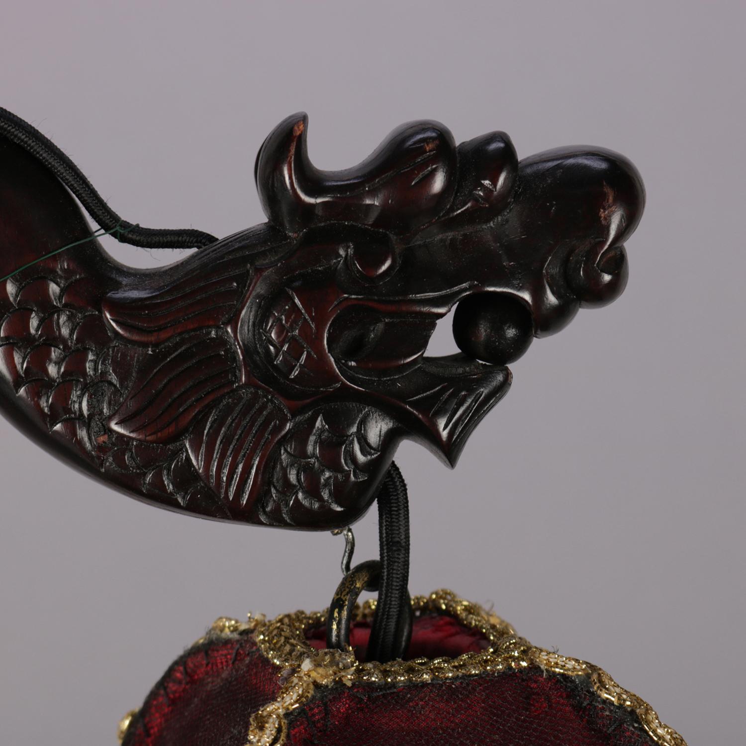 Chinese Figural Carved Hardwood Dragon Desk Lamp, Embroidered Pagoda Shade 7