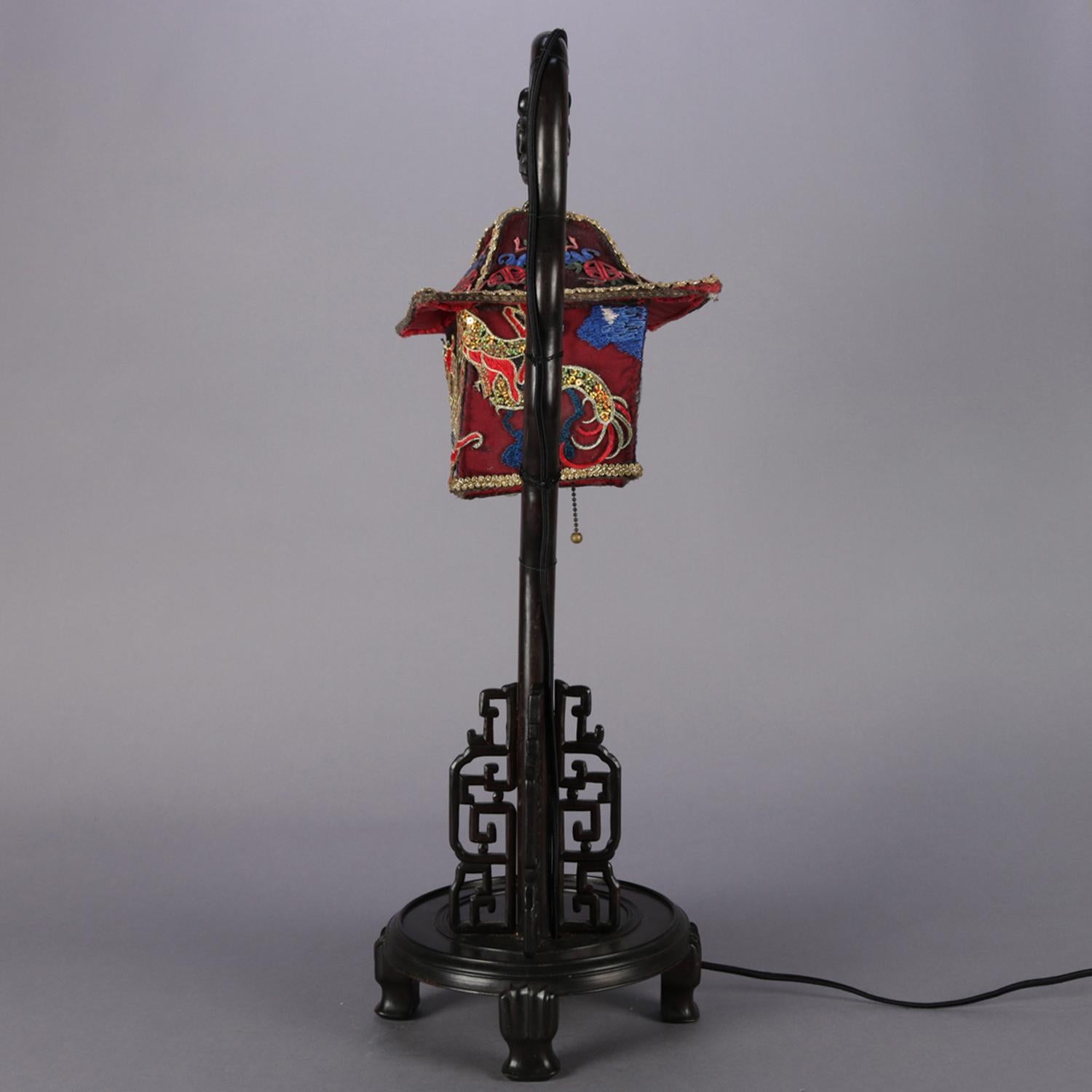 Chinese Figural Carved Hardwood Dragon Desk Lamp, Embroidered Pagoda Shade In Good Condition In Big Flats, NY