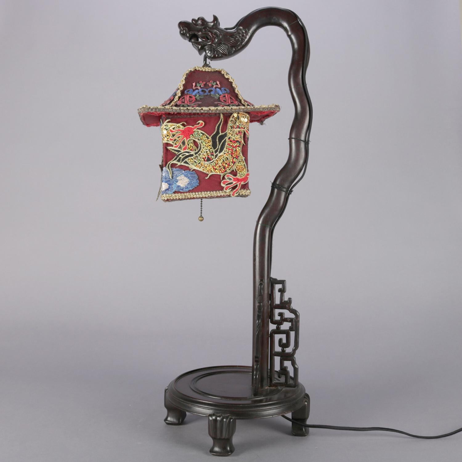 Textile Chinese Figural Carved Hardwood Dragon Desk Lamp, Embroidered Pagoda Shade