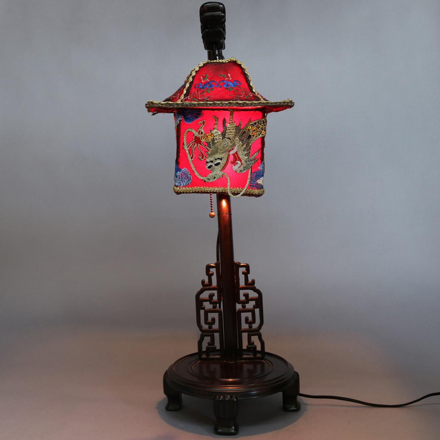 Chinese Figural Carved Hardwood Dragon Desk Lamp, Embroidered Pagoda Shade 1