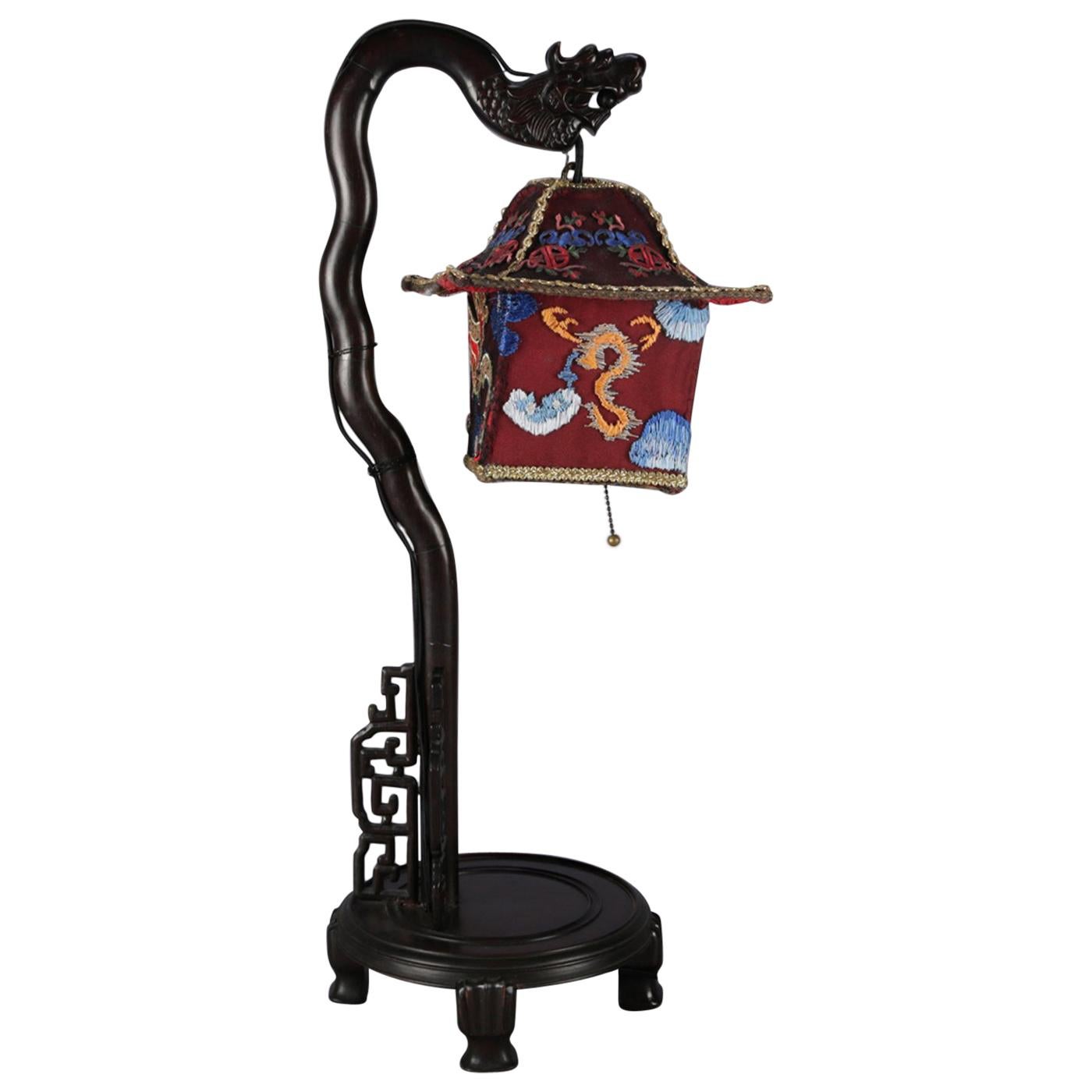 Chinese Figural Carved Hardwood Dragon Desk Lamp, Embroidered Pagoda Shade